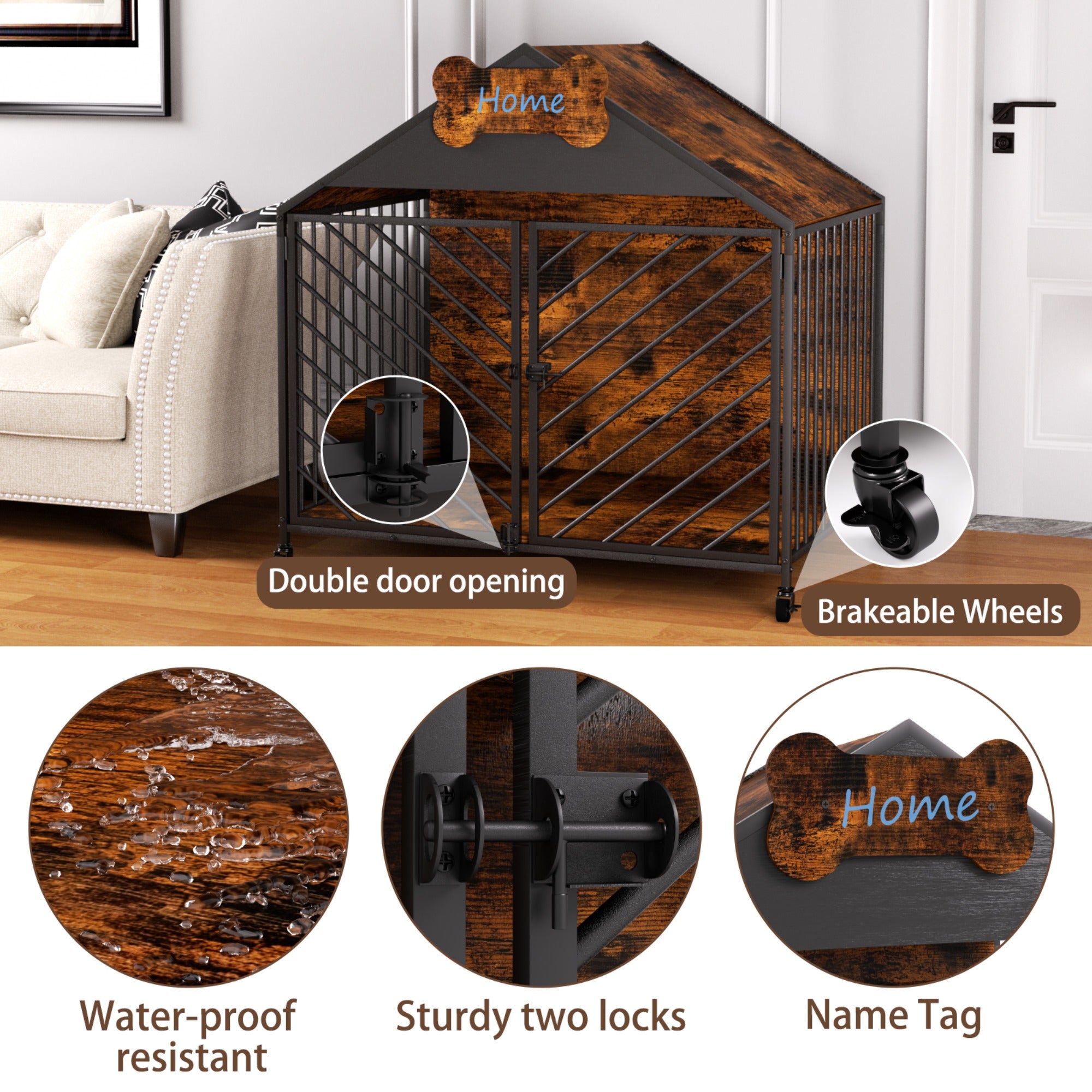 JXXRZ 32" Heavy Duty Dog Crate Furniture- Chew-Proof Double Door Indoor Kennel with Roof, Rustic Brown for Large Breeds