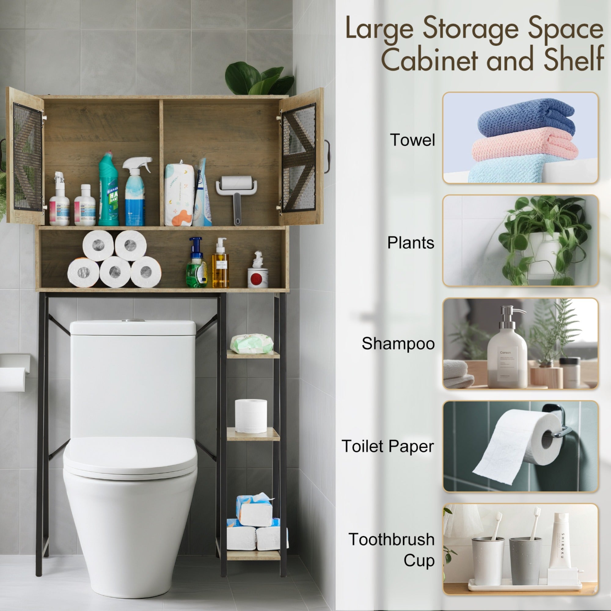 JXXRZ 61" Tall Over Toilet Storage Cabinet w/ Barn Doors, Side Shelves, Sturdy Over-Toilet Shelf Unit for Bathroom, Laundry