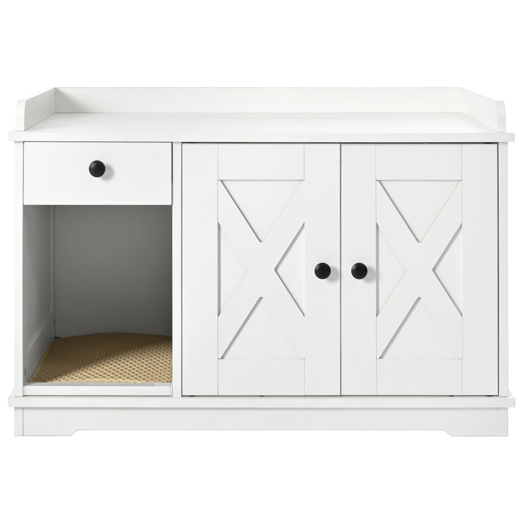 JXXRZ Farmhouse Cat Litter Box Enclosure, Hidden Litter Box Furniture with Storage Drawer, White