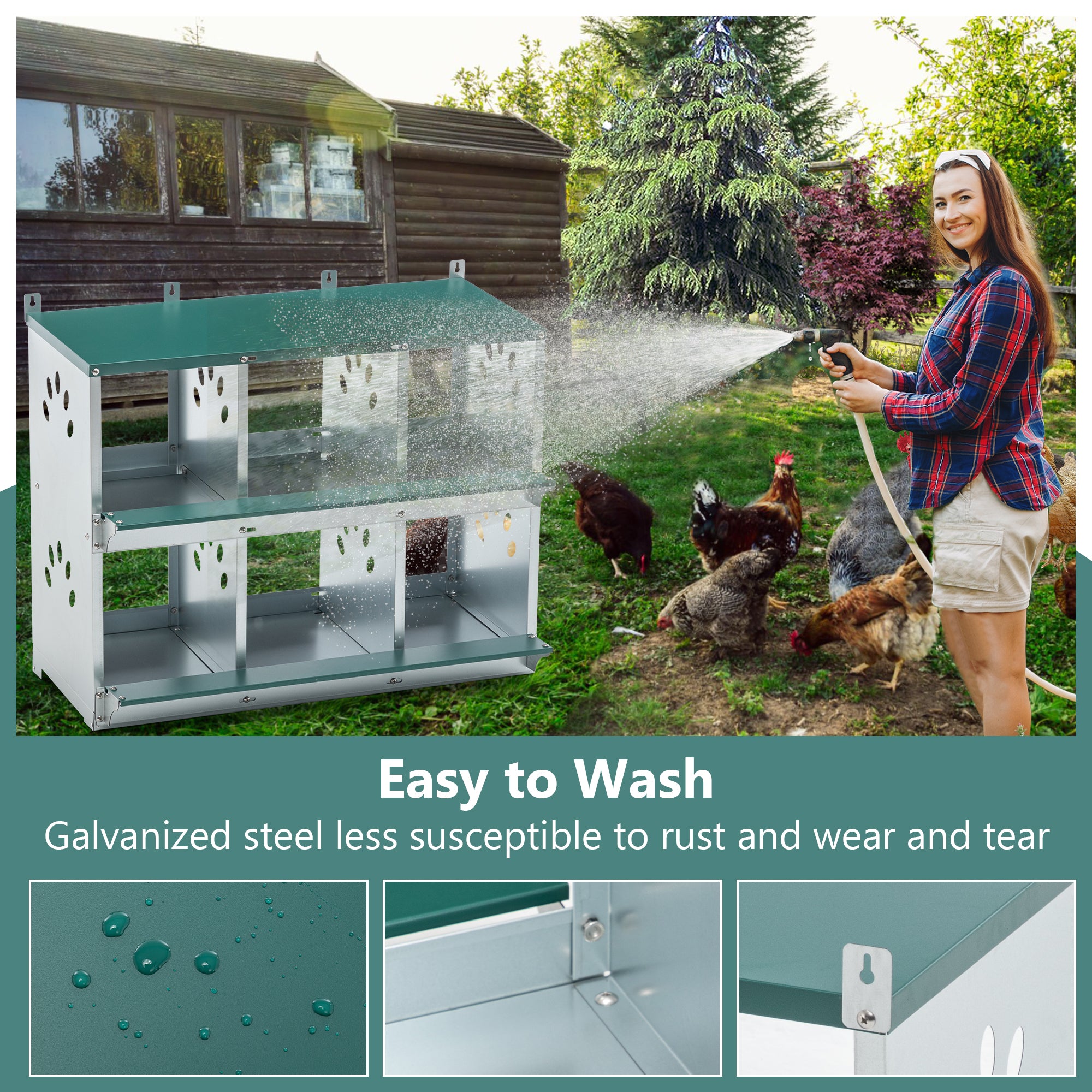 JXXRZ 6-Compartment Metal Chicken Nesting Box - Galvanized Steel Wall-Mounted Rust-Resistant Egg-Laying Hen Coop