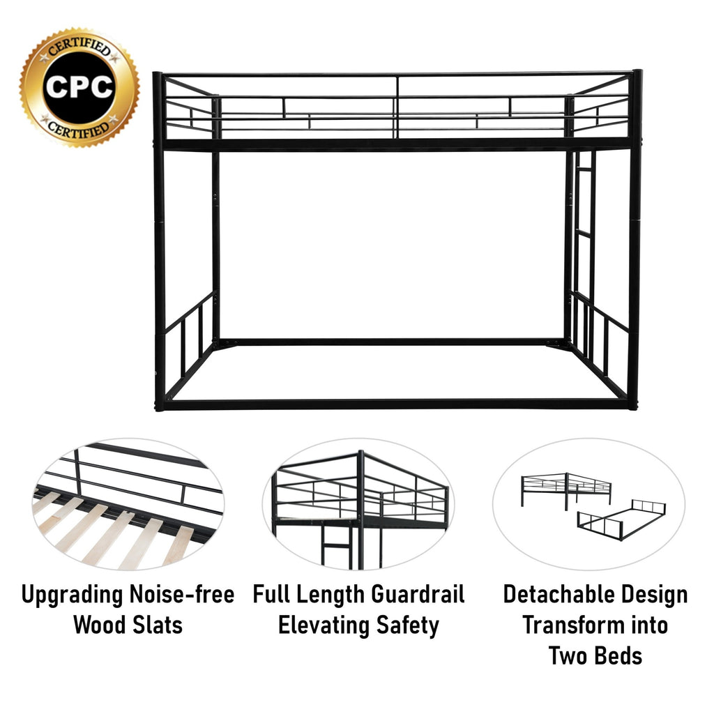 JXXRZ Metal Twin/Full Bunk Bed with Removable Stairs and 12" Storage, White