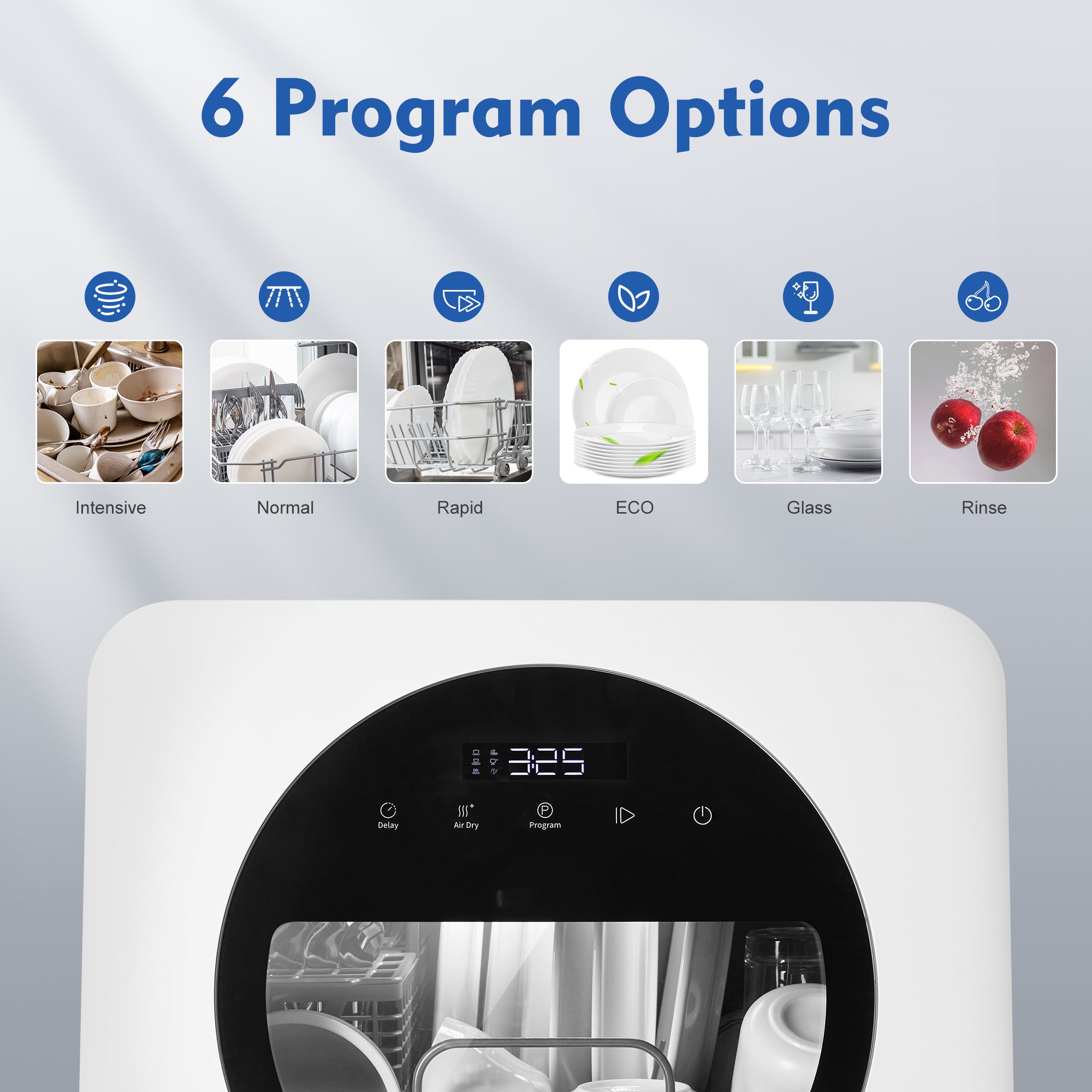 JXXRZ Portable Countertop Dishwasher 4.5L Tank, 6 Wash Programs, Air-Dry, Baby Care, Glass Door, for Apartments/RVs