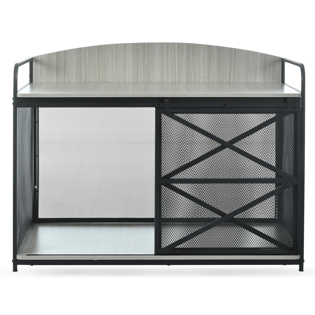 JXXRZ Farmhouse Dog Crate Furniture - Wooden Kennel Coffee Table w/Lock, 42.8" Indoor Pet House for 80lb Large Dogs，Grey