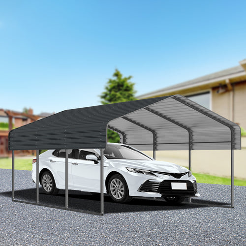 JXXRZ 10' x 15' Outdoor Metal Carport, Heavy Duty Galvanized Steel Car Canopy for Truck, SUV, Boat, Black