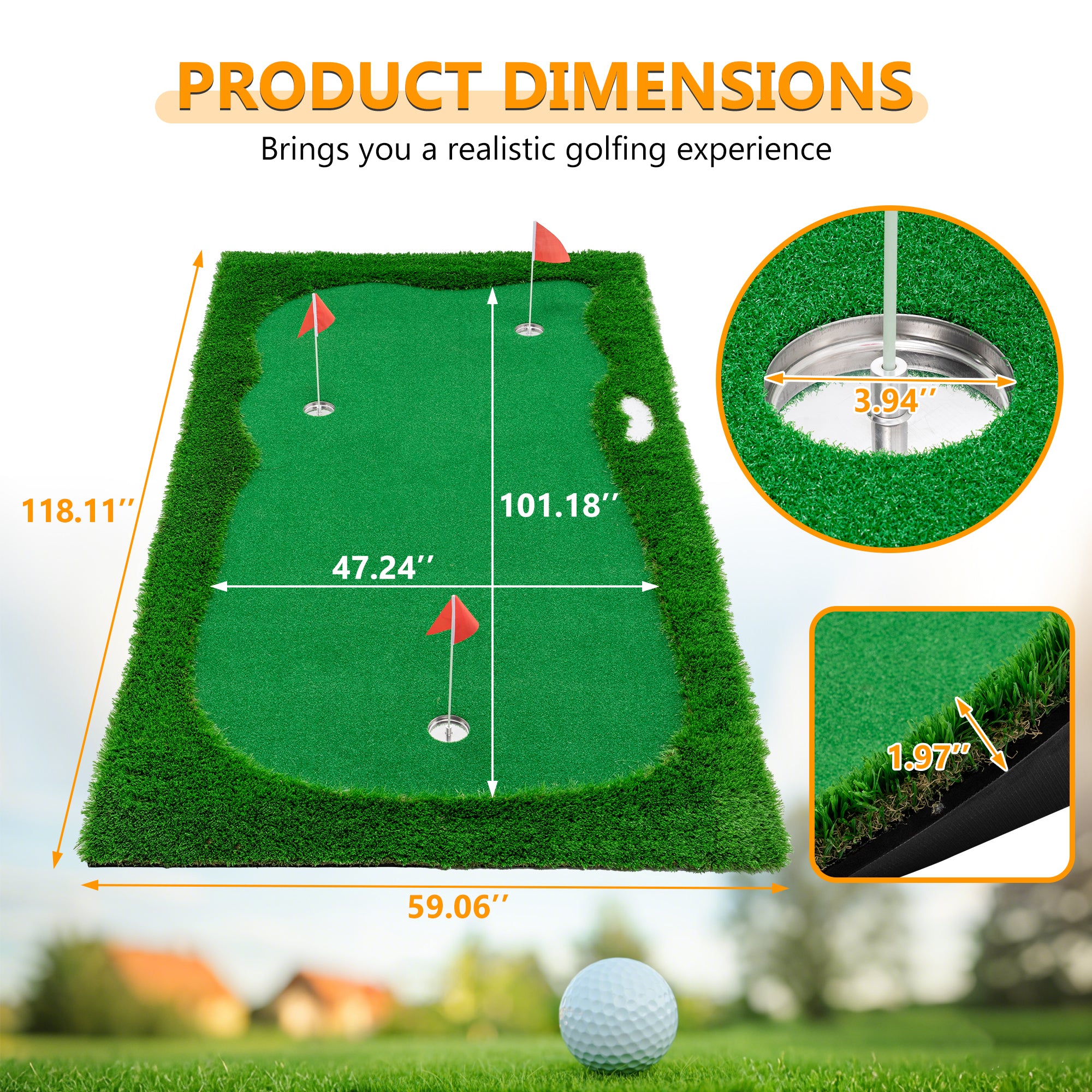 JXXRZ 10x5 FT Golf Putting Green, Golf Training Mat with High-quality Turf, 3 Holes, 3 Flags and Cups for Indoor Outdoor