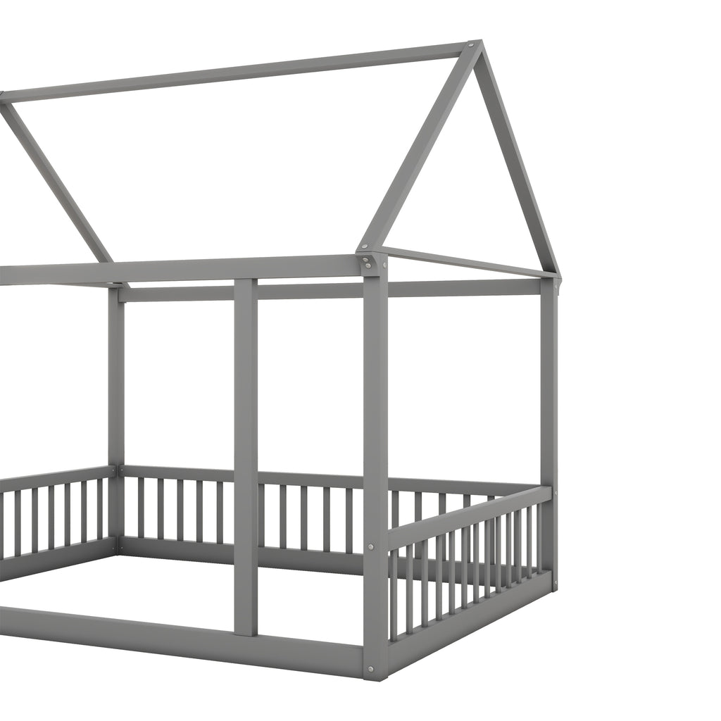 JXXRZ Twin/Full Wooden House Bed W Roof & Guardrails, Montessori Floor Bed Frame for Toddlers Kids, Grey
