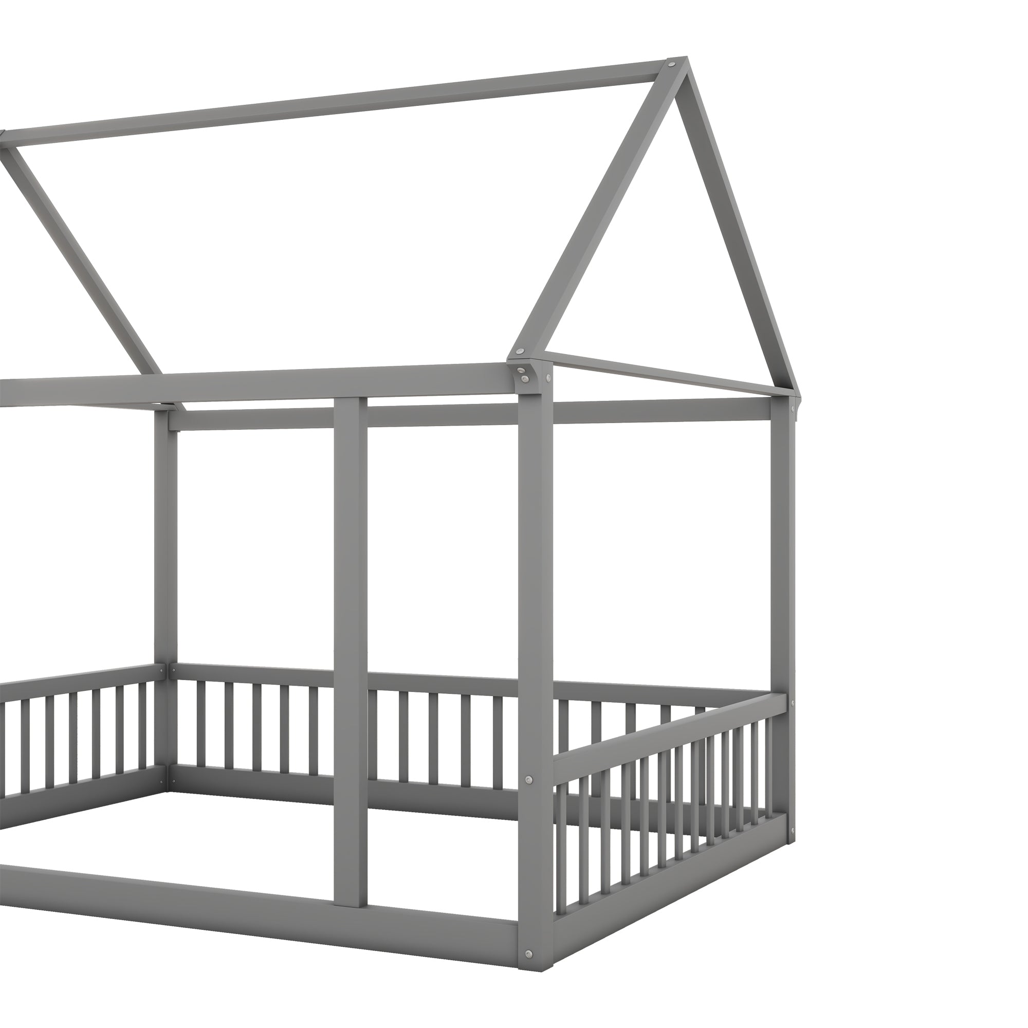JXXRZ Twin/Full Wooden House Bed W Roof & Guardrails, Montessori Floor Bed Frame for Toddlers Kids, Grey