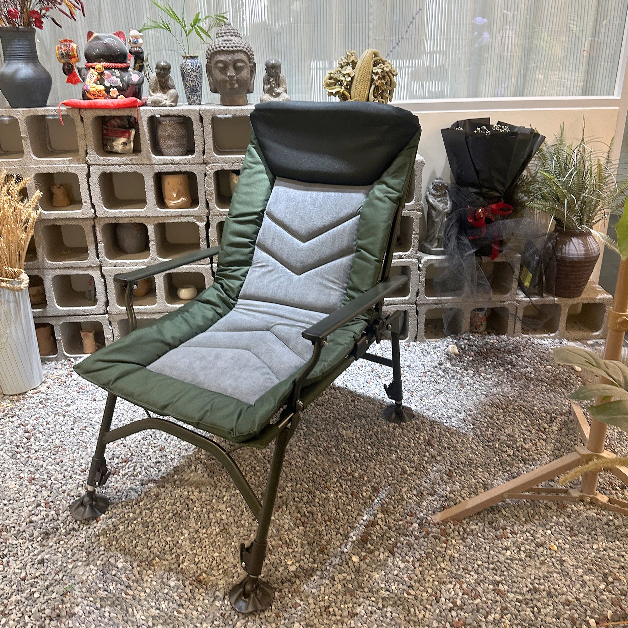 JXXRZ Reclining Camping Chair with Adjustable Backrest, Portable Lounge Chair for Indoor Outdoor Beach Camping, Grey/Green