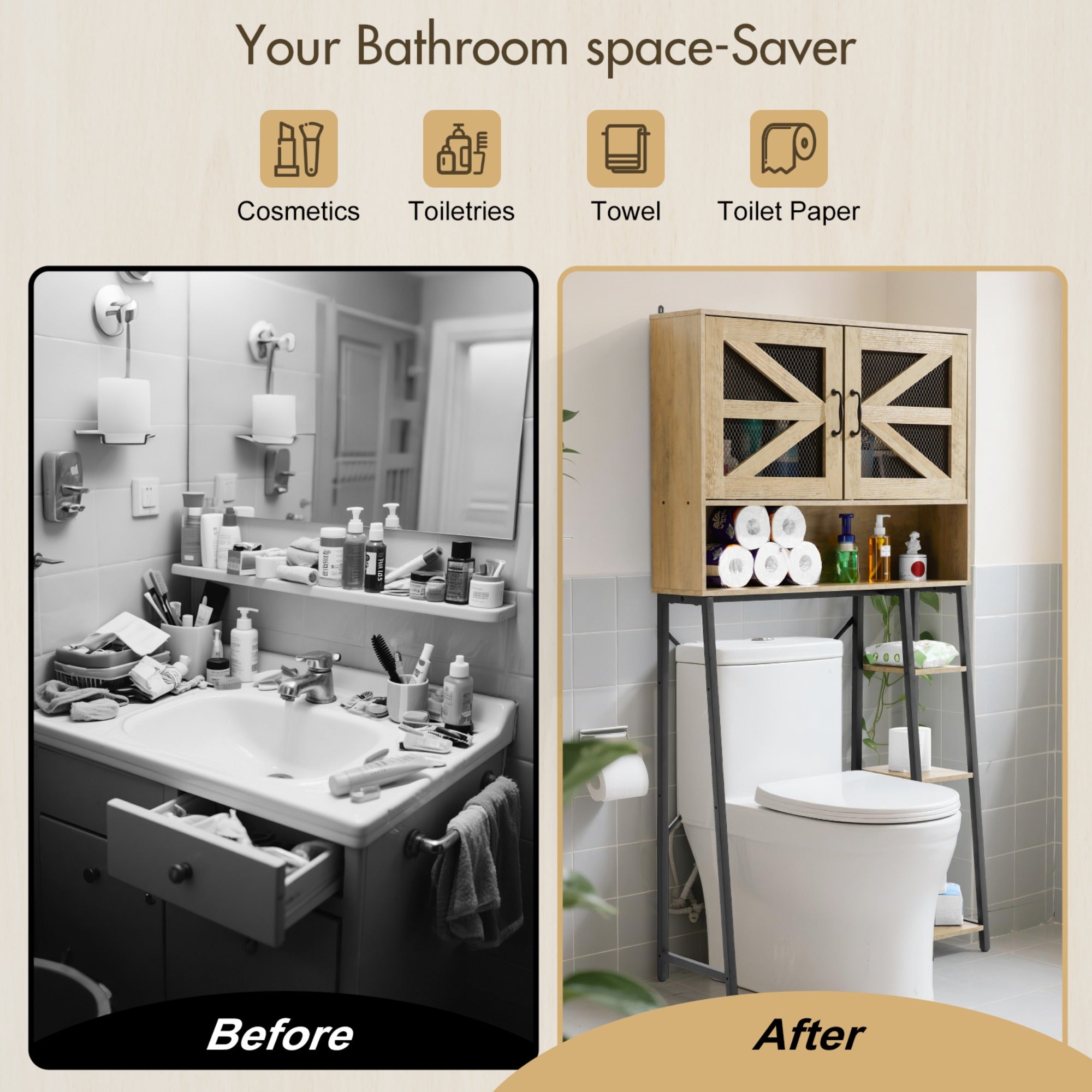 JXXRZ 61" Tall Over Toilet Storage Cabinet w/ Barn Doors, Side Shelves, Sturdy Over-Toilet Shelf Unit for Bathroom, Laundry