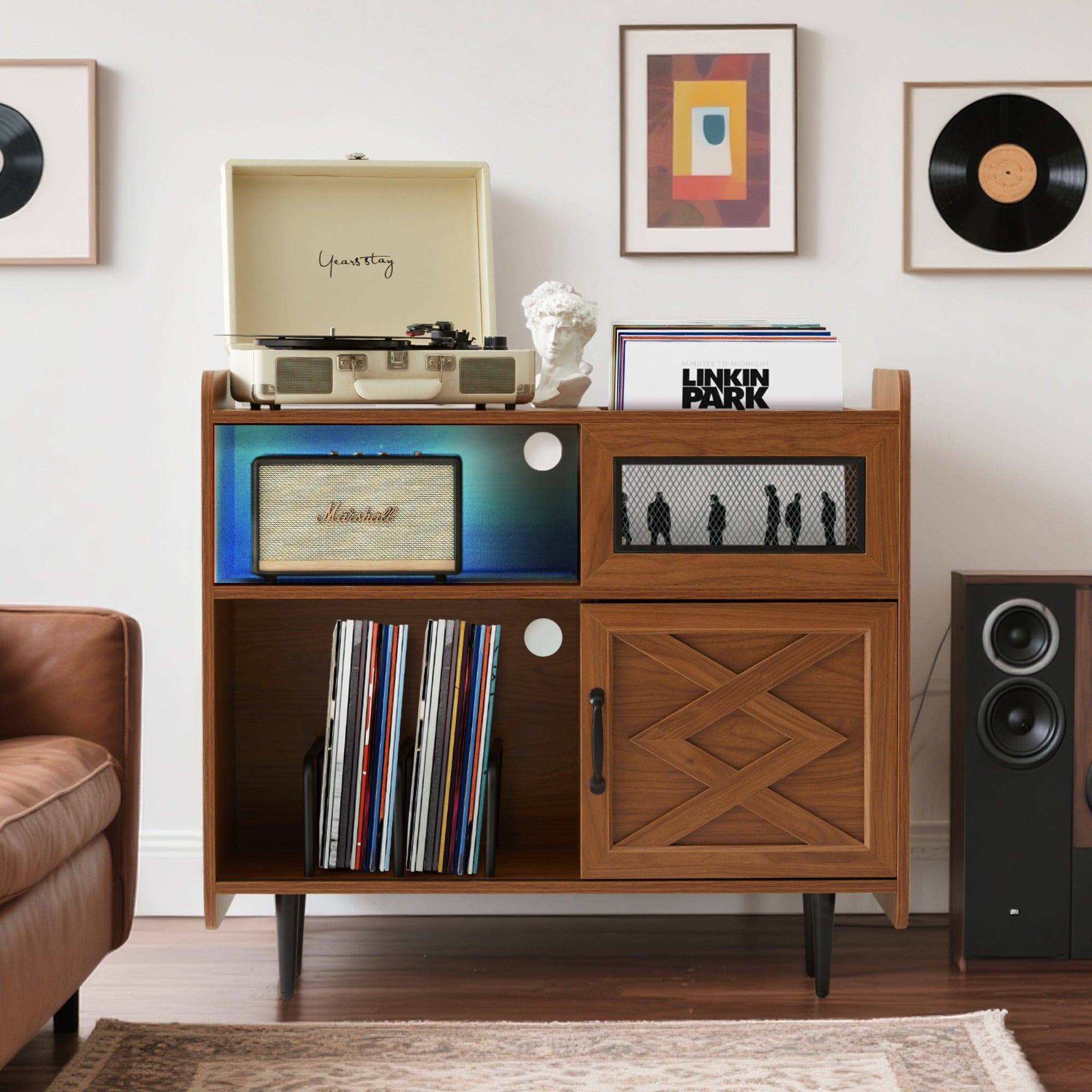 JXXRZ Record Player Stand w/ Charging Hub & RGB Lights, Holds 200+ Vinyl Albums, Media Storage Cabinet for Living Room Office