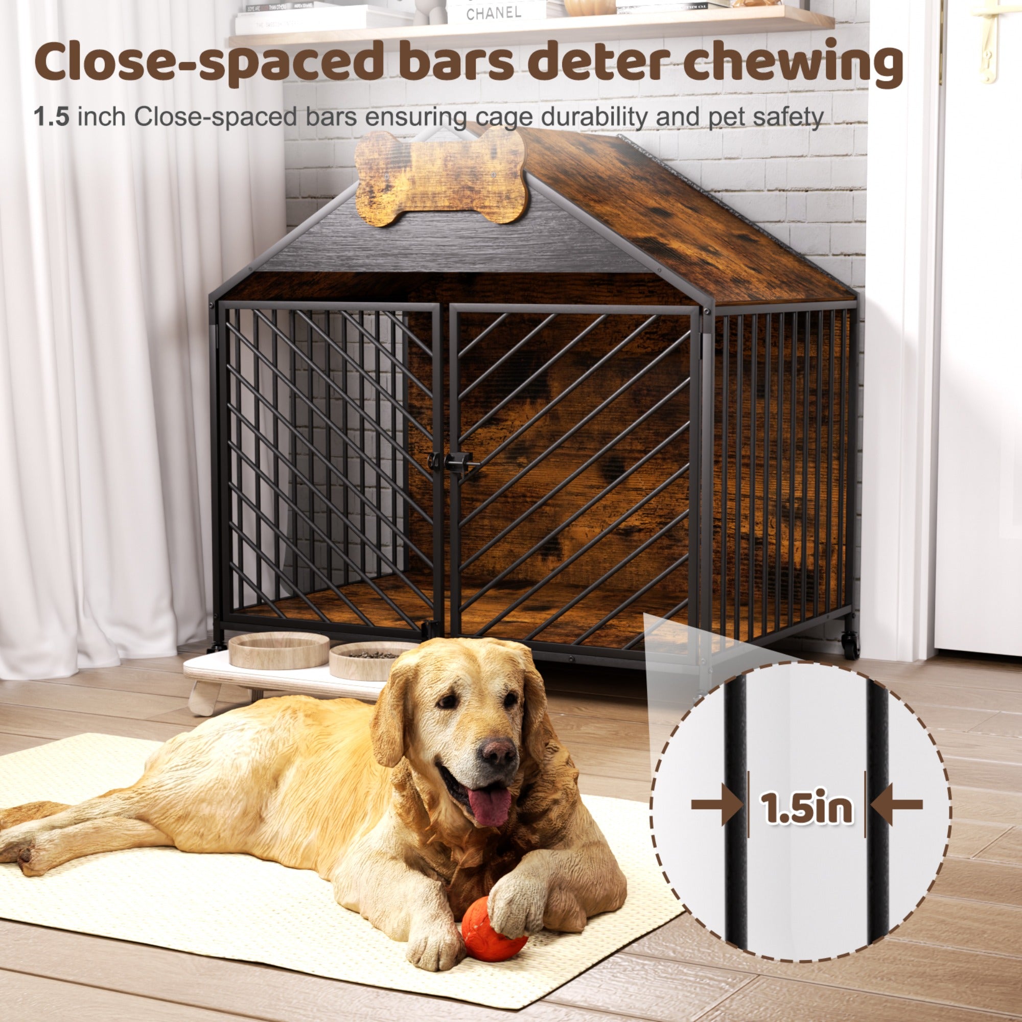 JXXRZ 32" Heavy Duty Dog Crate Furniture- Chew-Proof Double Door Indoor Kennel with Roof, Rustic Brown for Large Breeds