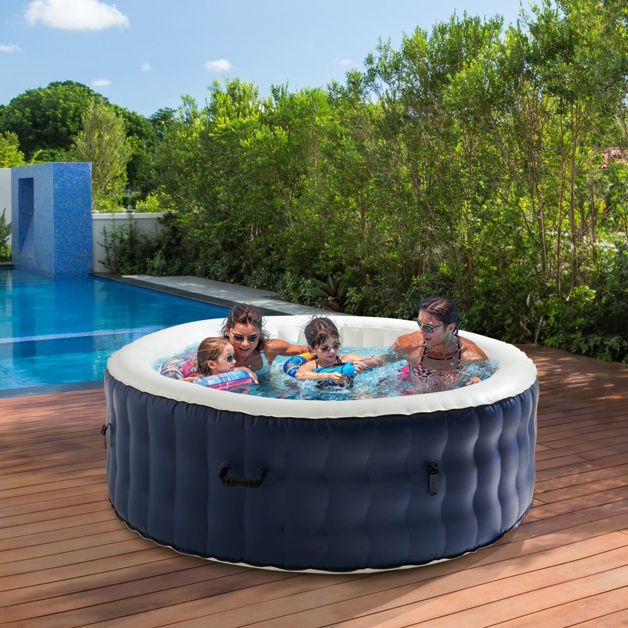 JXXRZ 4-6 Person Round Inflatable Hot Tub w/ 120 Jets, Manual Controls, Thermal Cover, 71x24", Indoor/Outdoor, Blue