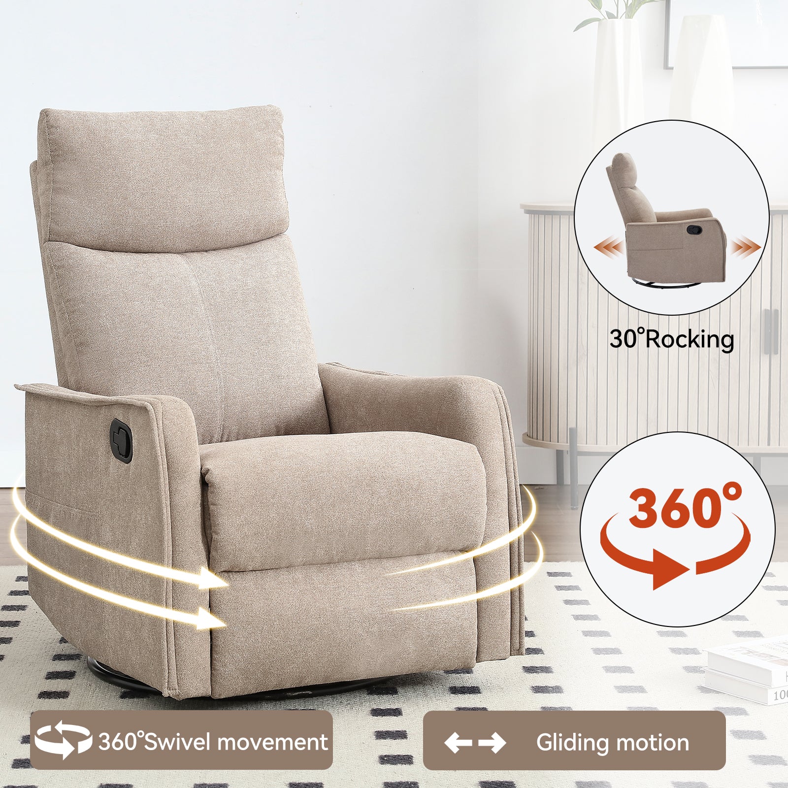 JXXRZ Heated Massage Swivel Rocker Recliner Chair w/ Manual Recline & Breathable Fabric, Khaki