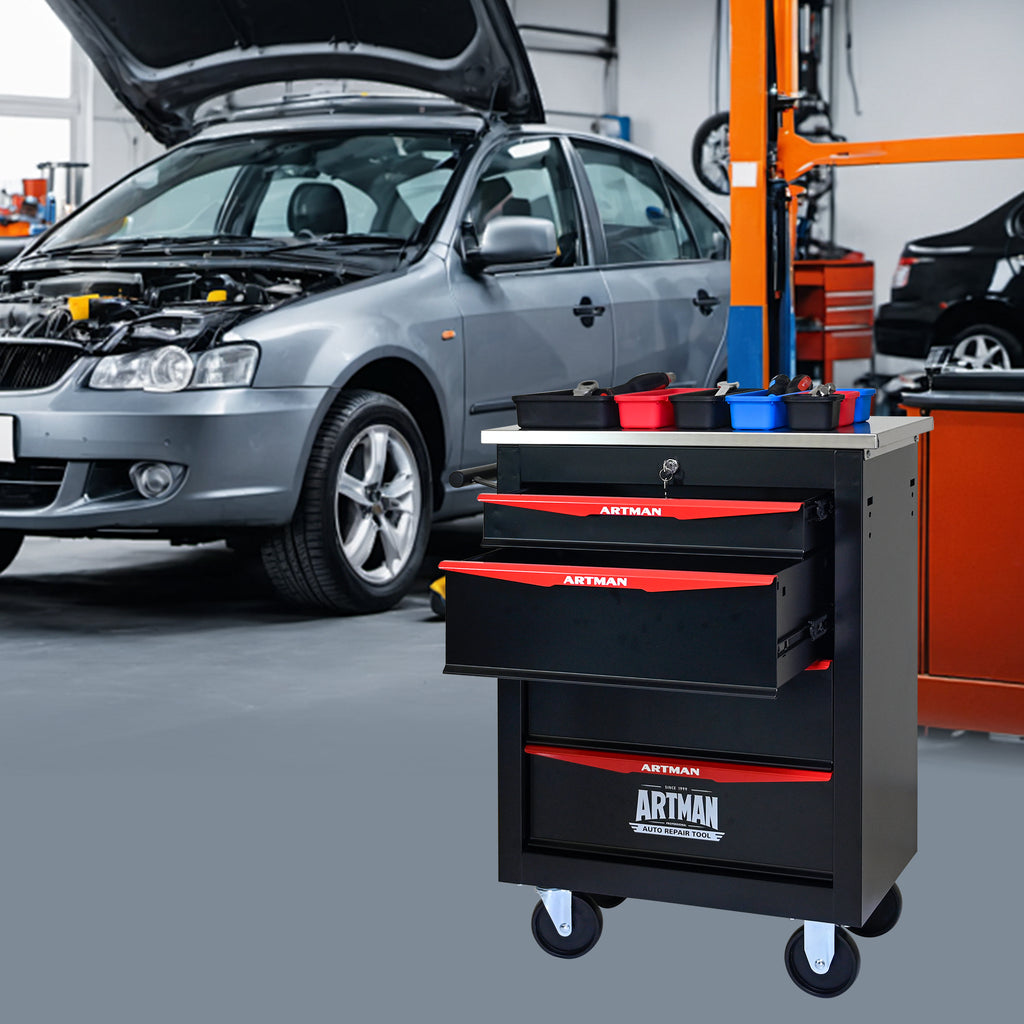 JXXRZ 4-Drawer Rolling Tool Cart with Wheels, Stainless Steel Top & Lock for Garage Workshop, Black&Red