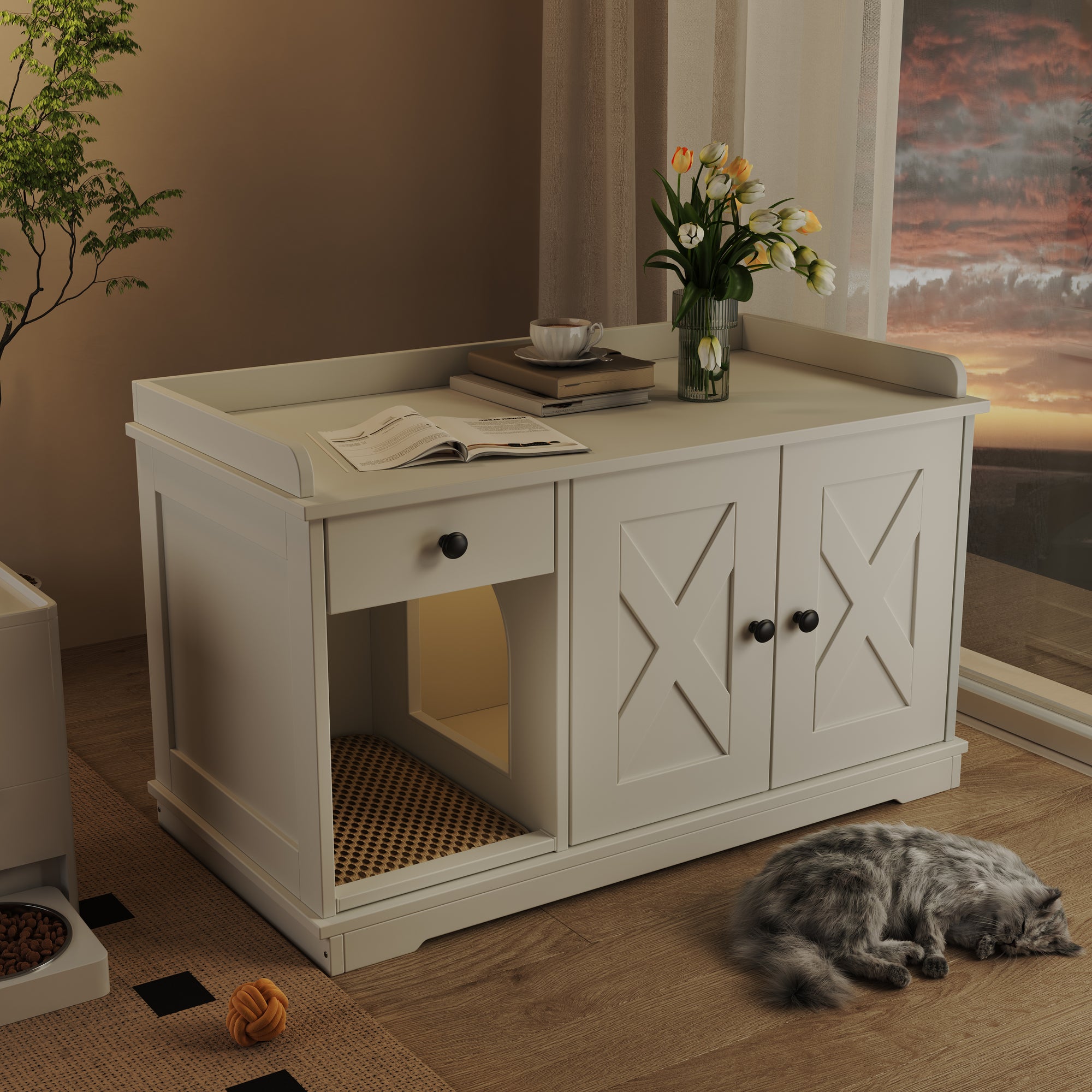 JXXRZ Farmhouse Cat Litter Box Enclosure, Hidden Litter Box Furniture with Storage Drawer, White