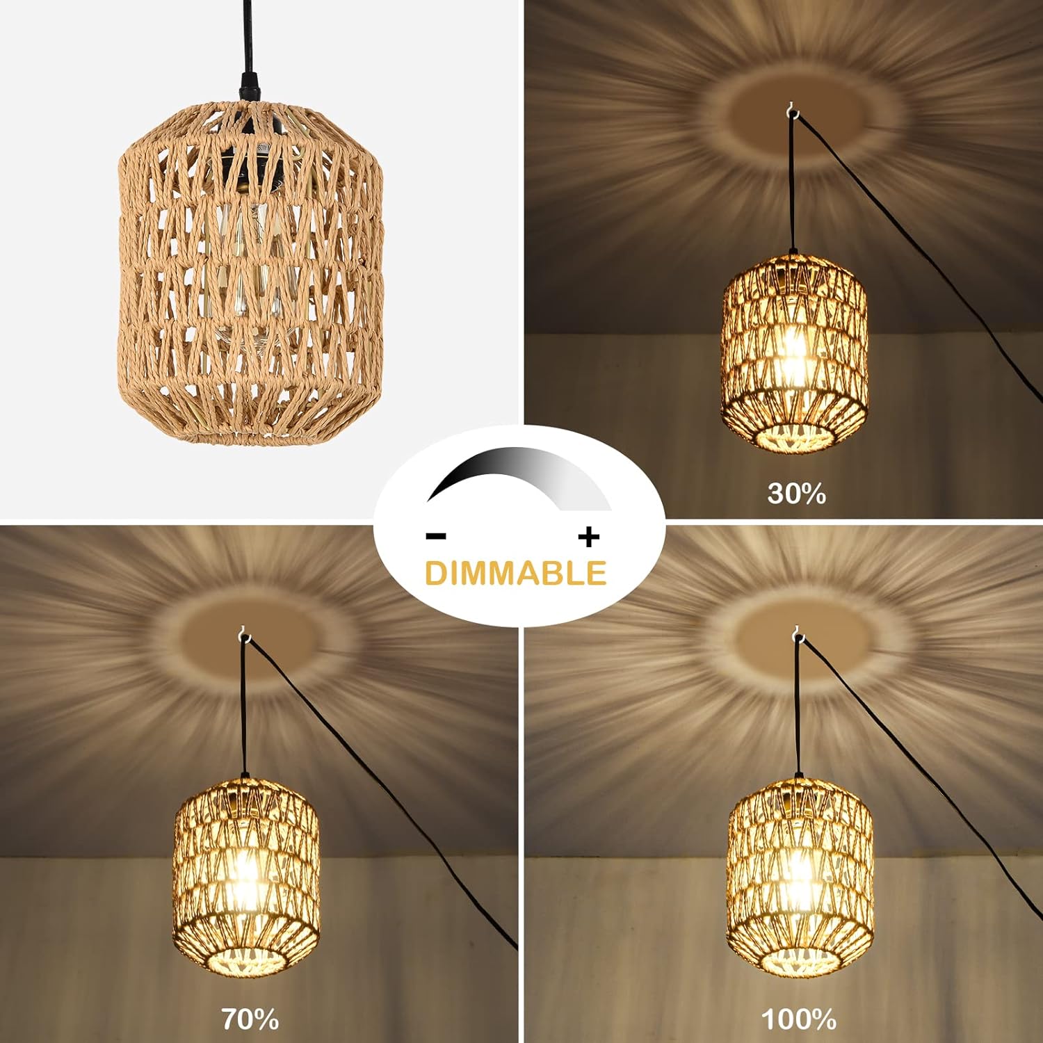 JXXRZ 16ft Plug-in Rattan Pendant Light with Dimmable LED, Boho Hanging Fixture for Bedroom/Patio
