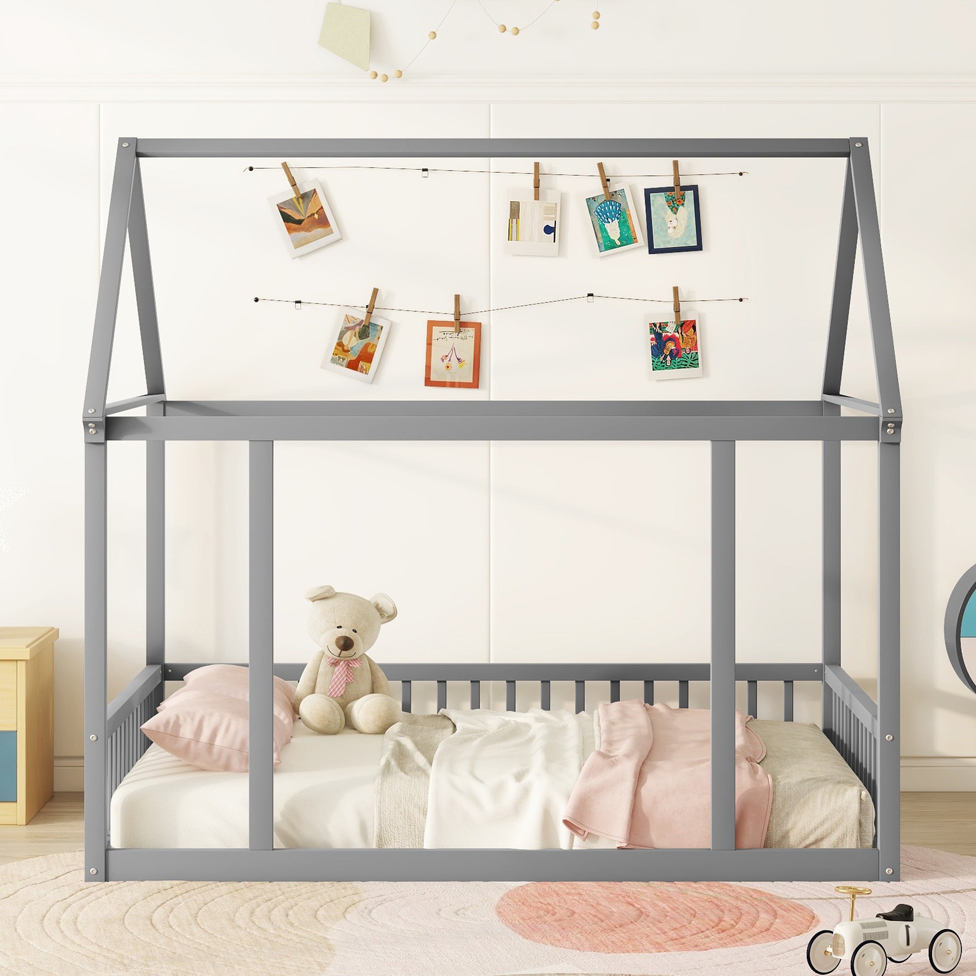 JXXRZ Twin/Full Wooden House Bed W Roof & Guardrails, Montessori Floor Bed Frame for Toddlers Kids, Grey