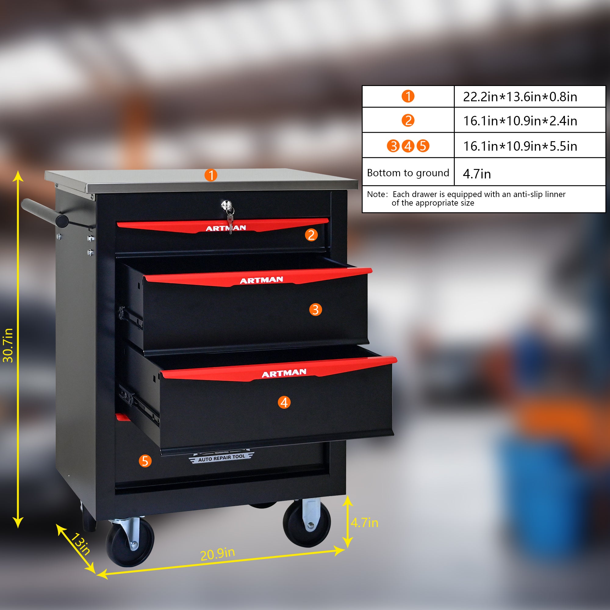 JXXRZ 4-Drawer Rolling Tool Cart with Wheels, Stainless Steel Top & Lock for Garage Workshop, Black&Red