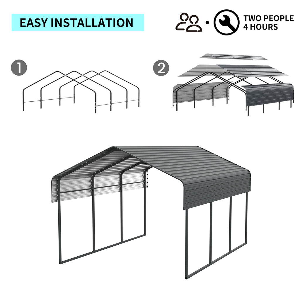 JXXRZ 10' x 15' Outdoor Metal Carport, Heavy Duty Galvanized Steel Car Canopy for Truck, SUV, Boat, Black