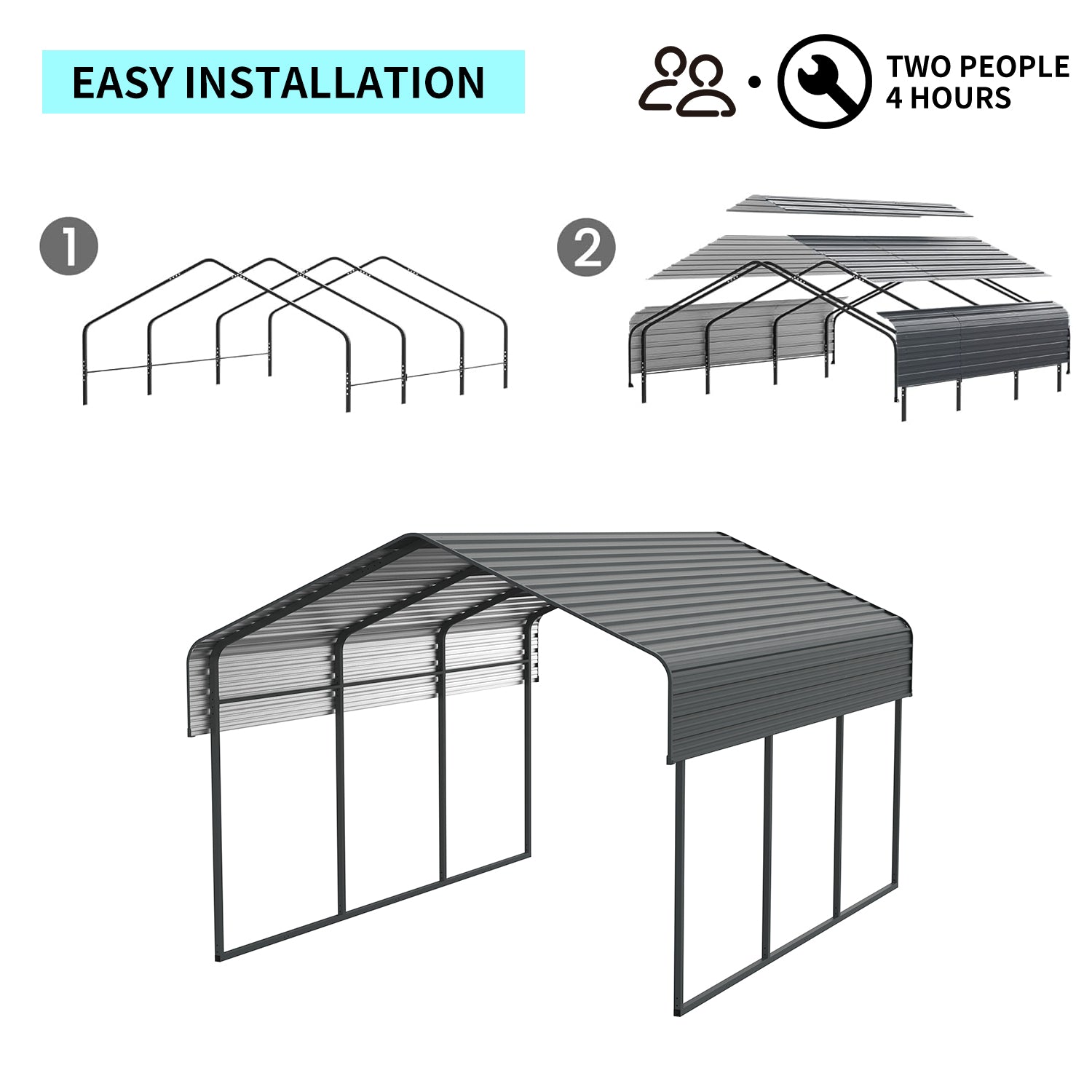 JXXRZ 10' x 15' Outdoor Metal Carport, Heavy Duty Galvanized Steel Car Canopy for Truck, SUV, Boat, Black