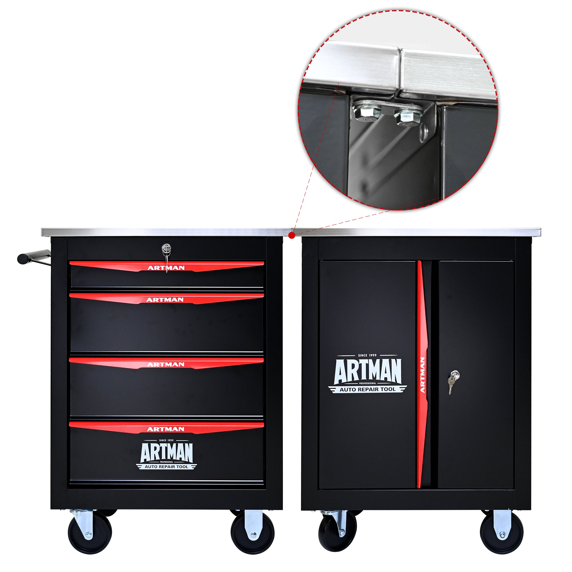 JXXRZ 4-Drawer Rolling Tool Cart with Wheels, Stainless Steel Top & Lock for Garage Workshop, Black&Red