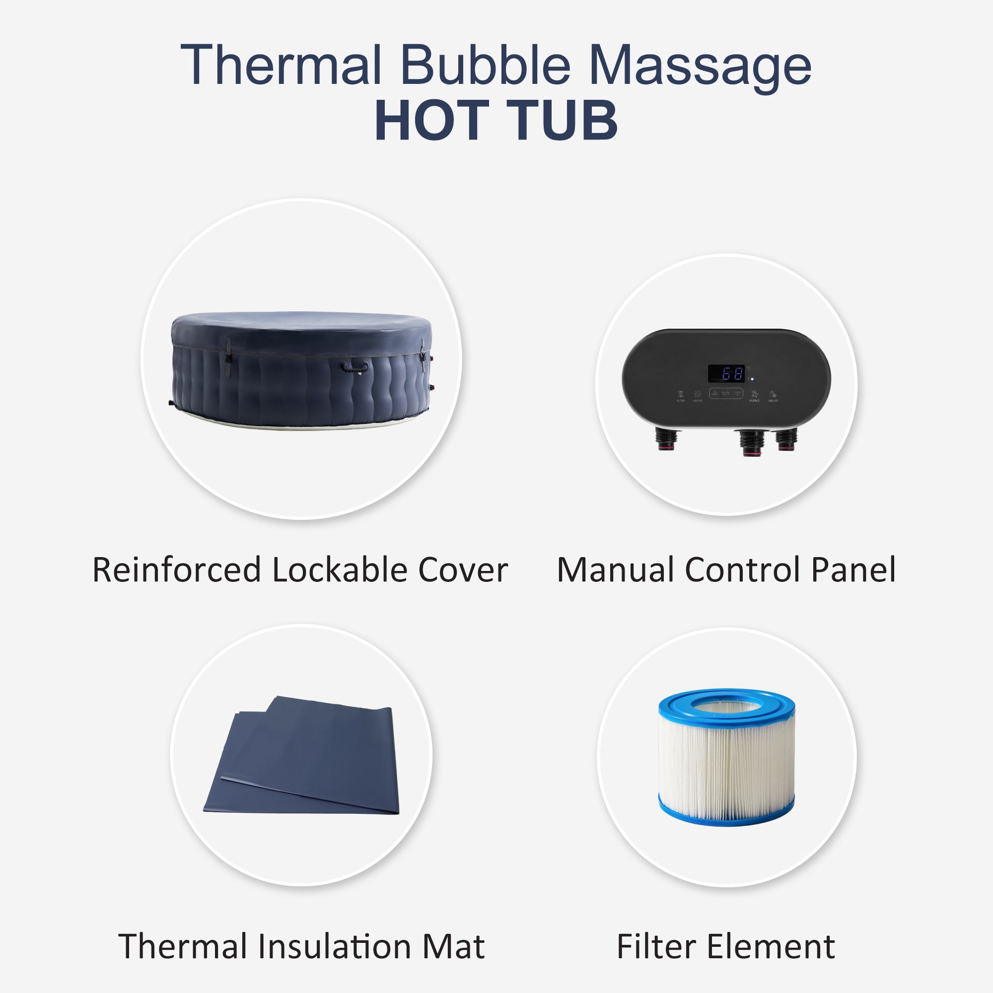 JXXRZ 4-6 Person Round Inflatable Hot Tub w/ 120 Jets, Manual Controls, Thermal Cover, 71x24", Indoor/Outdoor, Blue