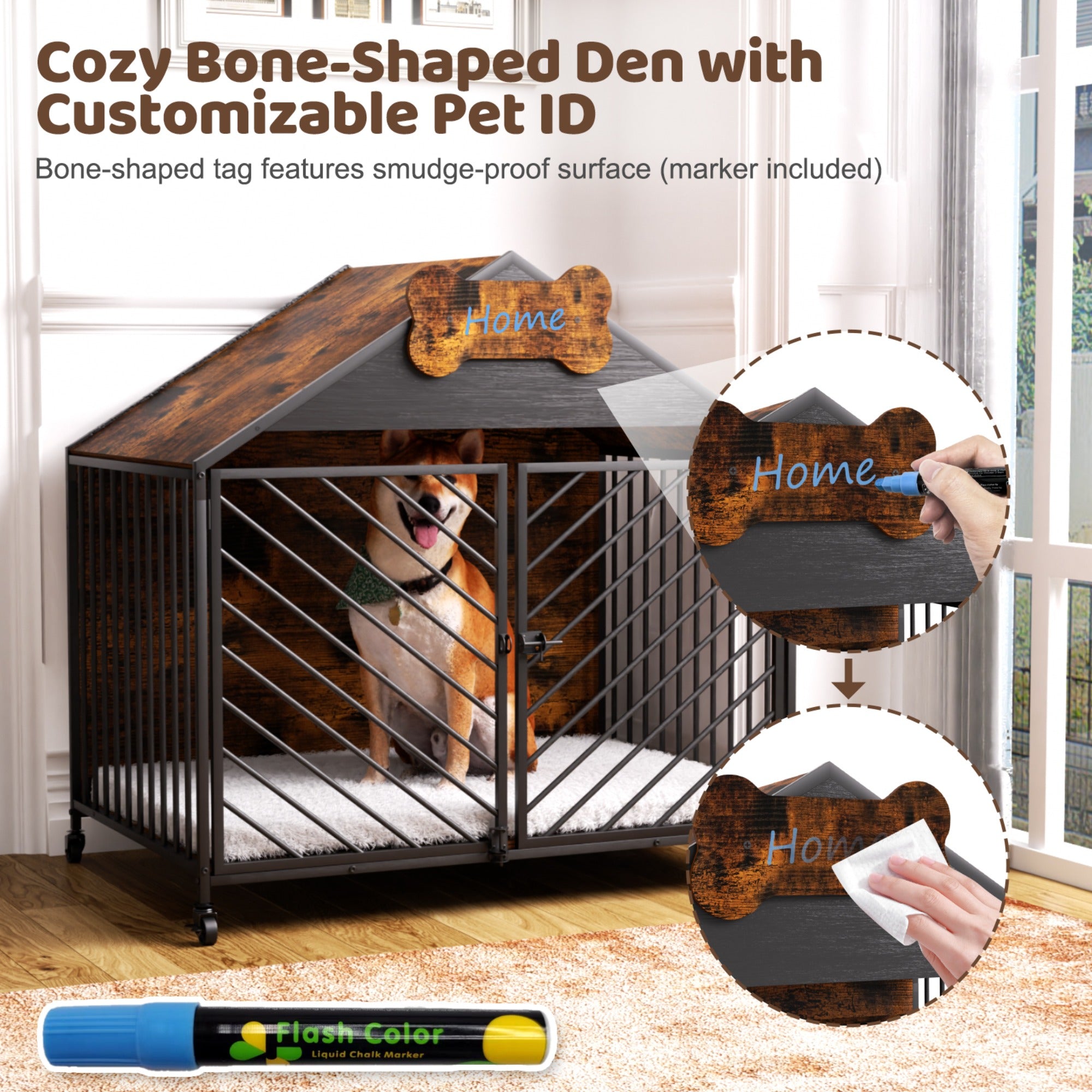 JXXRZ 32" Heavy Duty Dog Crate Furniture- Chew-Proof Double Door Indoor Kennel with Roof, Rustic Brown for Large Breeds
