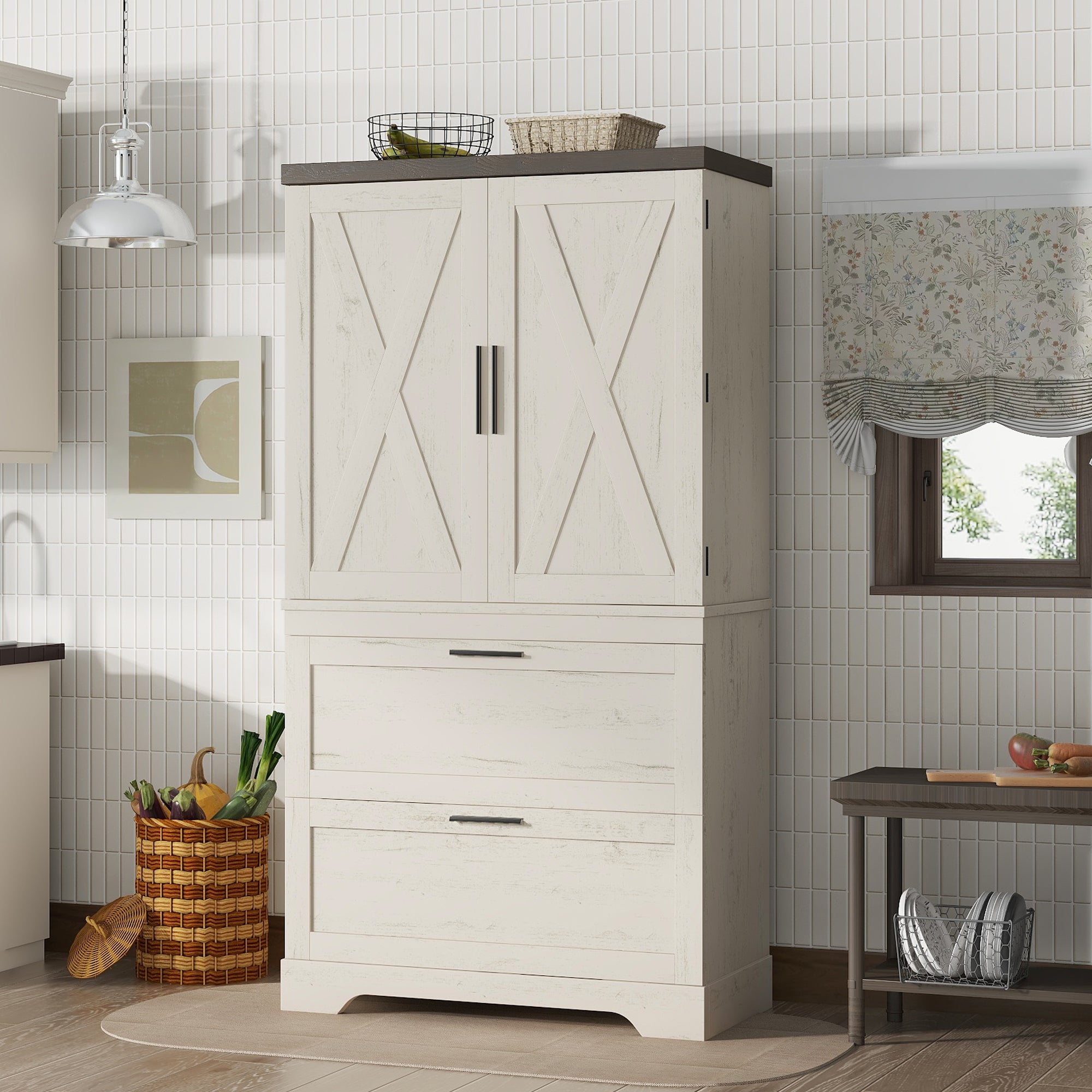 JXXRZ Farmhouse Storage Cabinet, Multi-Room Organizer, Antique Beige