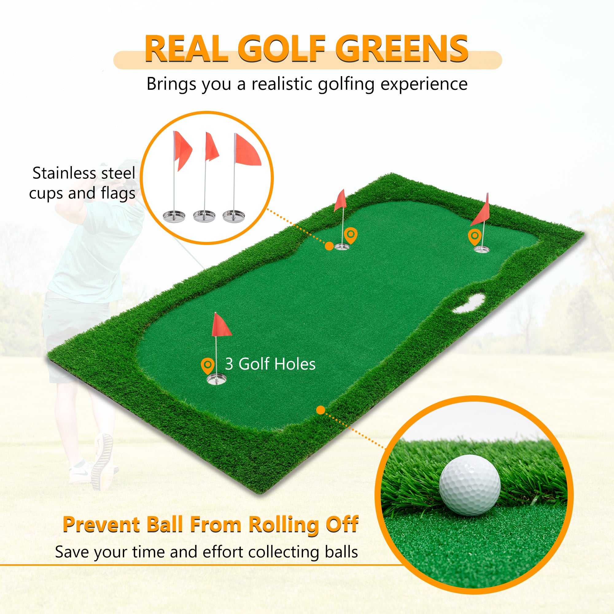 JXXRZ 10x5 FT Golf Putting Green, Golf Training Mat with High-quality Turf, 3 Holes, 3 Flags and Cups for Indoor Outdoor