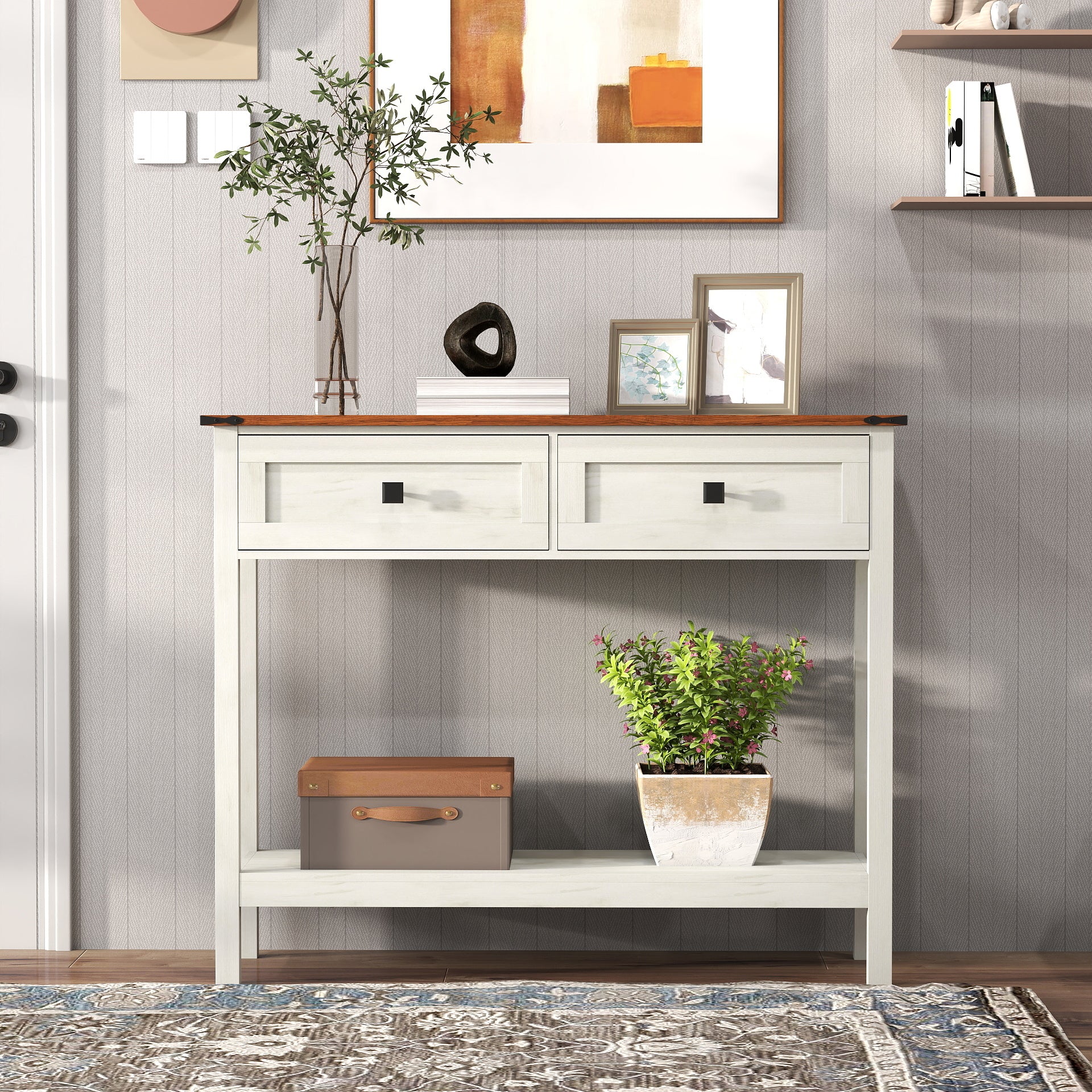 JXXRZ Farmhouse Console Table with 2 Drawers, Rustic Style | Sturdy Particle Board & MDF Frame, Antique White Finish