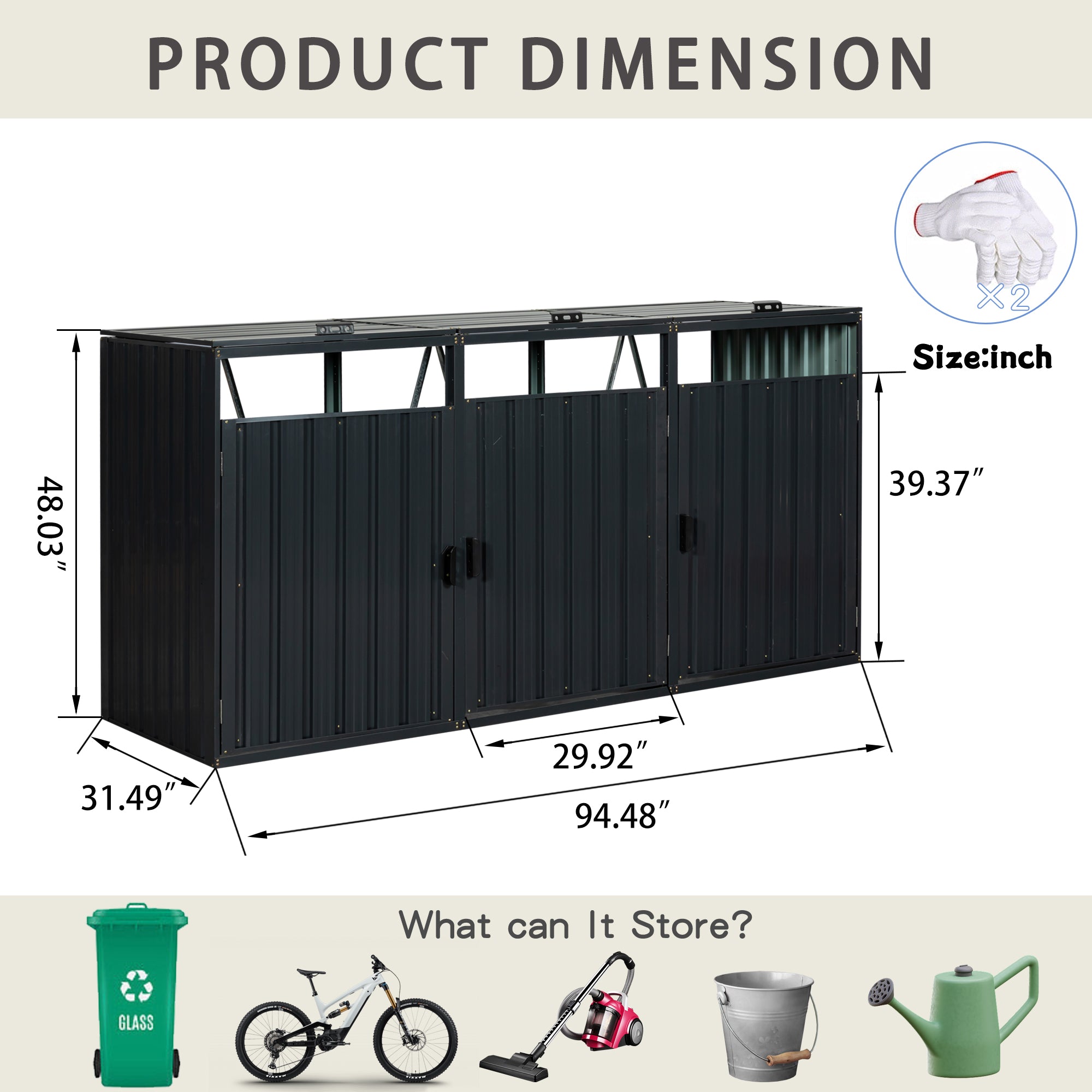JXXRZ Metal Garbage Bin Shed for 3 Trash Cans with Lockable Doors and Lids,Galvanized Steel Garbage Bin Storage Shed for Garden Yard Lawn, Black