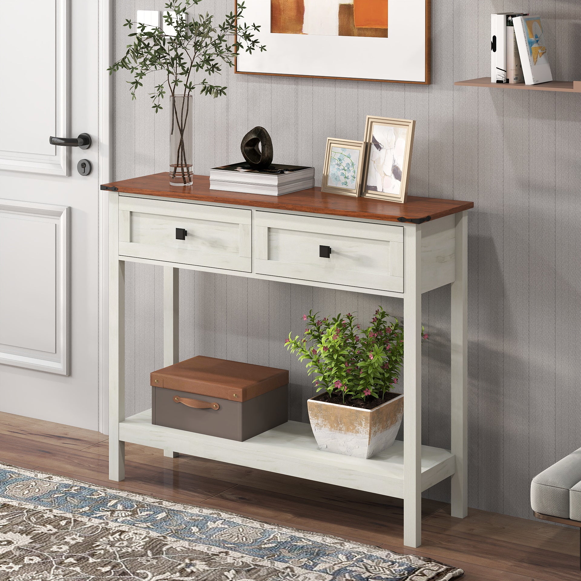 JXXRZ Farmhouse Console Table with 2 Drawers, Rustic Style | Sturdy Particle Board & MDF Frame, Antique White Finish