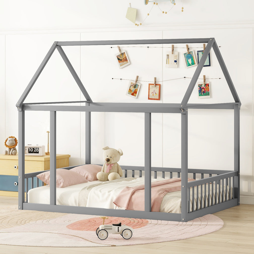 JXXRZ Twin/Full Wooden House Bed W Roof & Guardrails, Montessori Floor Bed Frame for Toddlers Kids, Grey