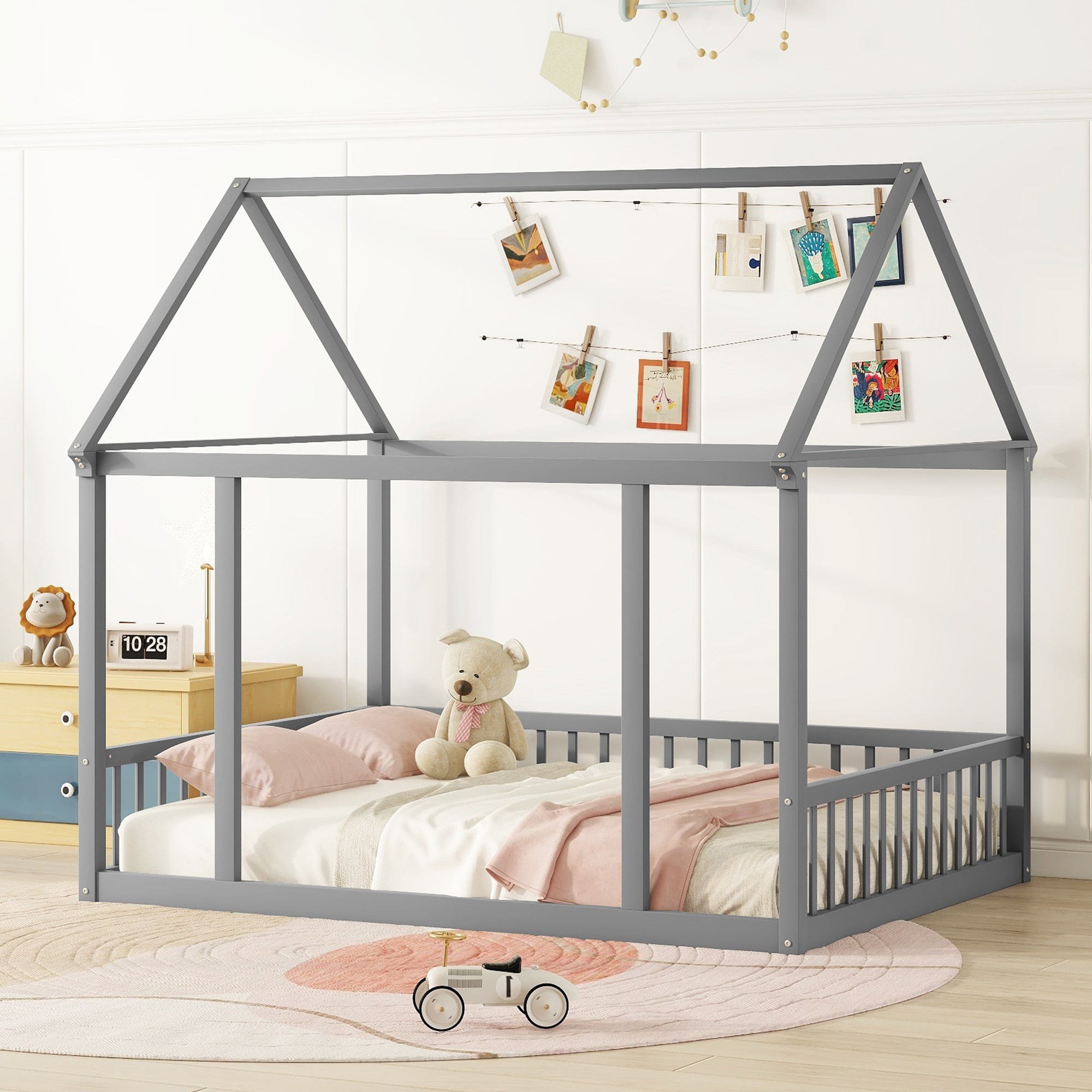 JXXRZ Twin/Full Wooden House Bed W Roof & Guardrails, Montessori Floor Bed Frame for Toddlers Kids, Grey