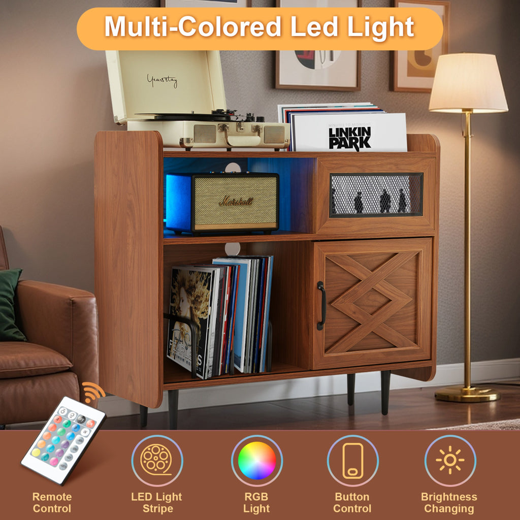 JXXRZ Record Player Stand w/ Charging Hub & RGB Lights, Holds 200+ Vinyl Albums, Media Storage Cabinet for Living Room Office