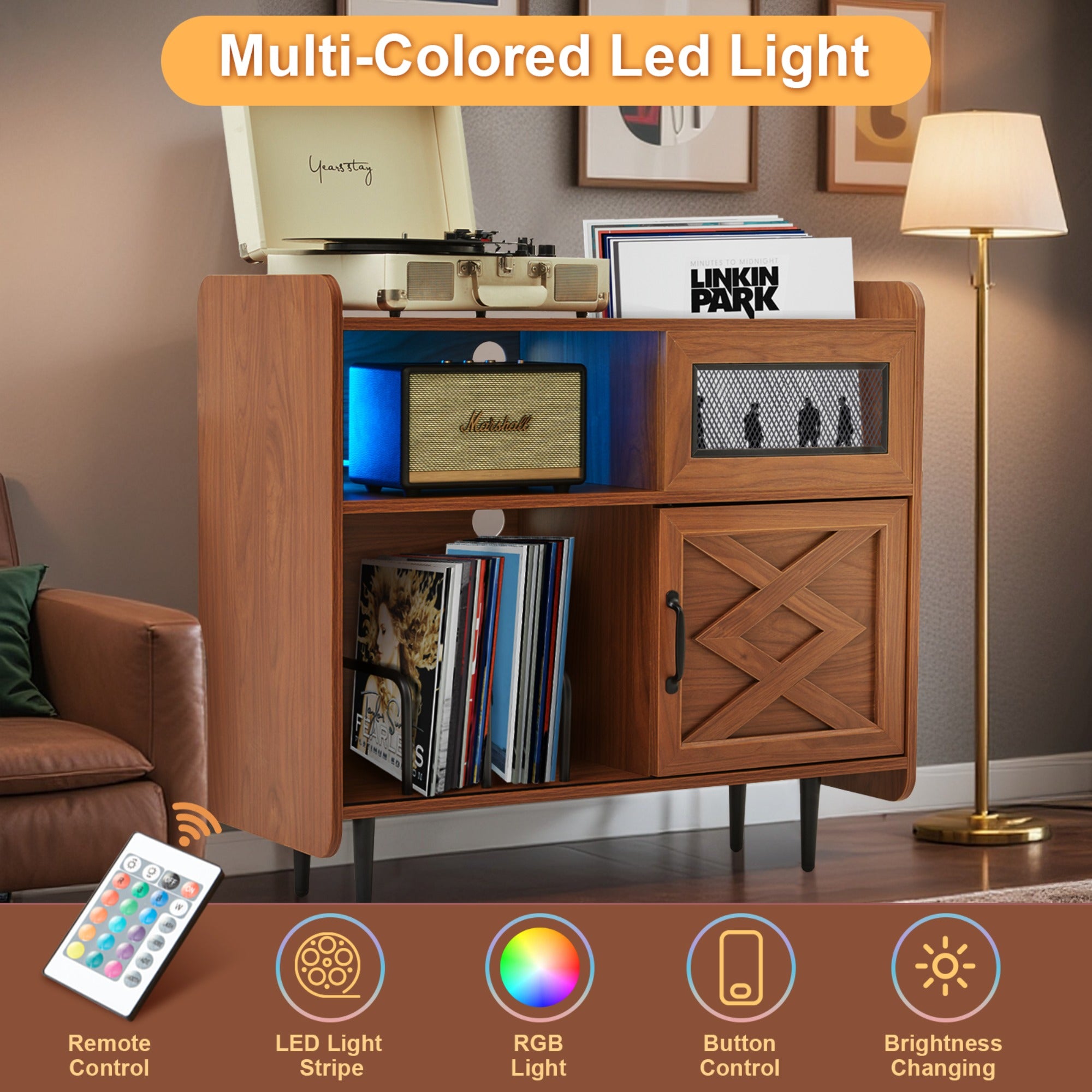 JXXRZ Record Player Stand w/ Charging Hub & RGB Lights, Holds 200+ Vinyl Albums, Media Storage Cabinet for Living Room Office