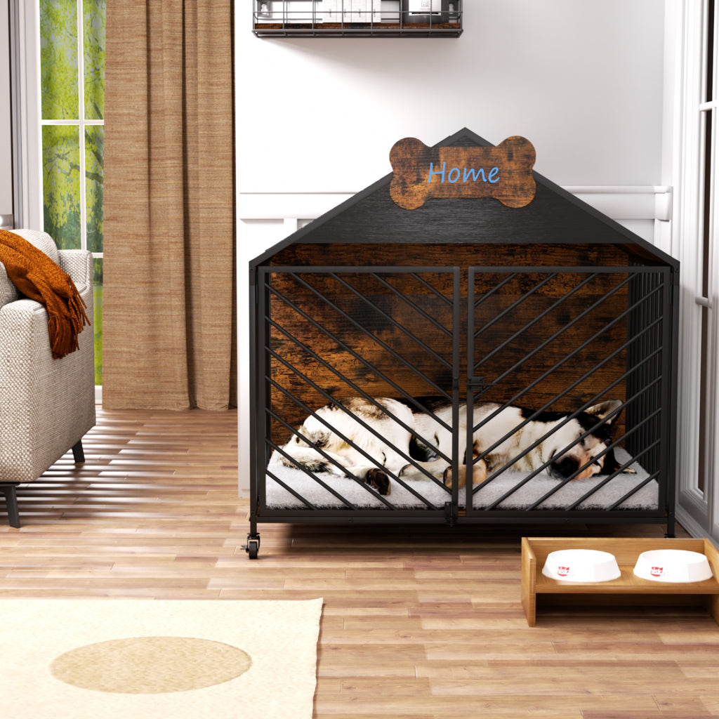 JXXRZ 32" Heavy Duty Dog Crate Furniture- Chew-Proof Double Door Indoor Kennel with Roof, Rustic Brown for Large Breeds