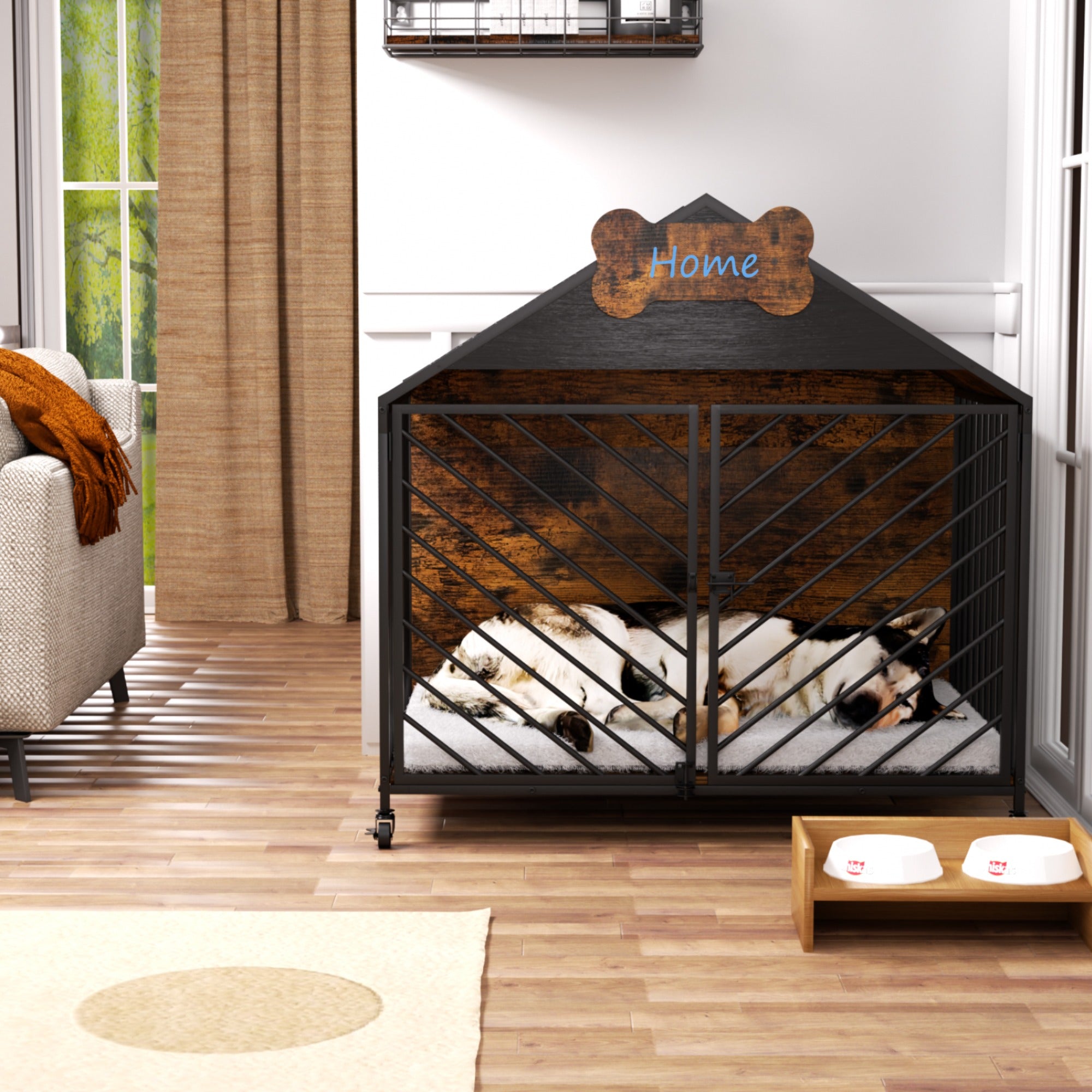 JXXRZ 32" Heavy Duty Dog Crate Furniture- Chew-Proof Double Door Indoor Kennel with Roof, Rustic Brown for Large Breeds