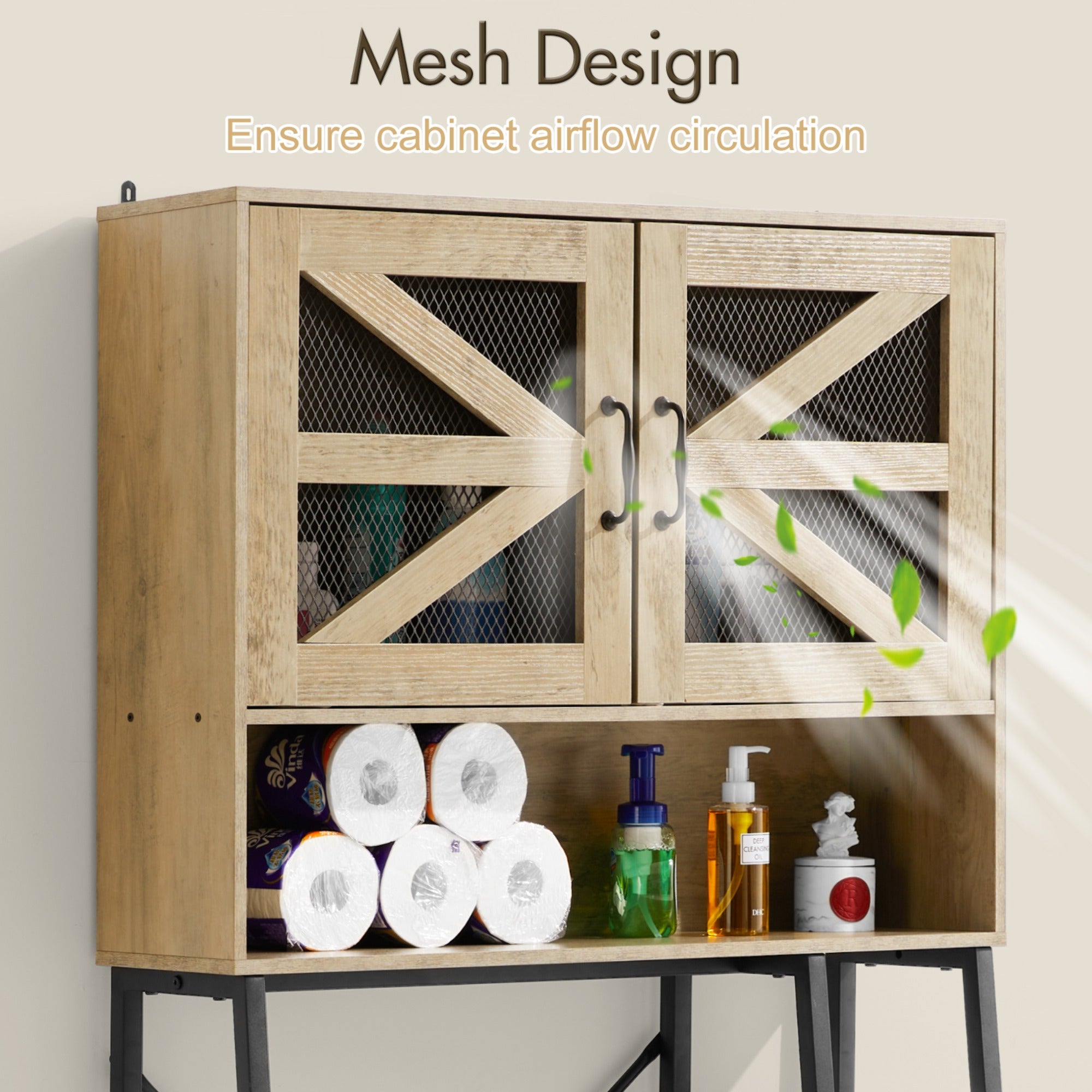 JXXRZ 61" Tall Over Toilet Storage Cabinet w/ Barn Doors, Side Shelves, Sturdy Over-Toilet Shelf Unit for Bathroom, Laundry