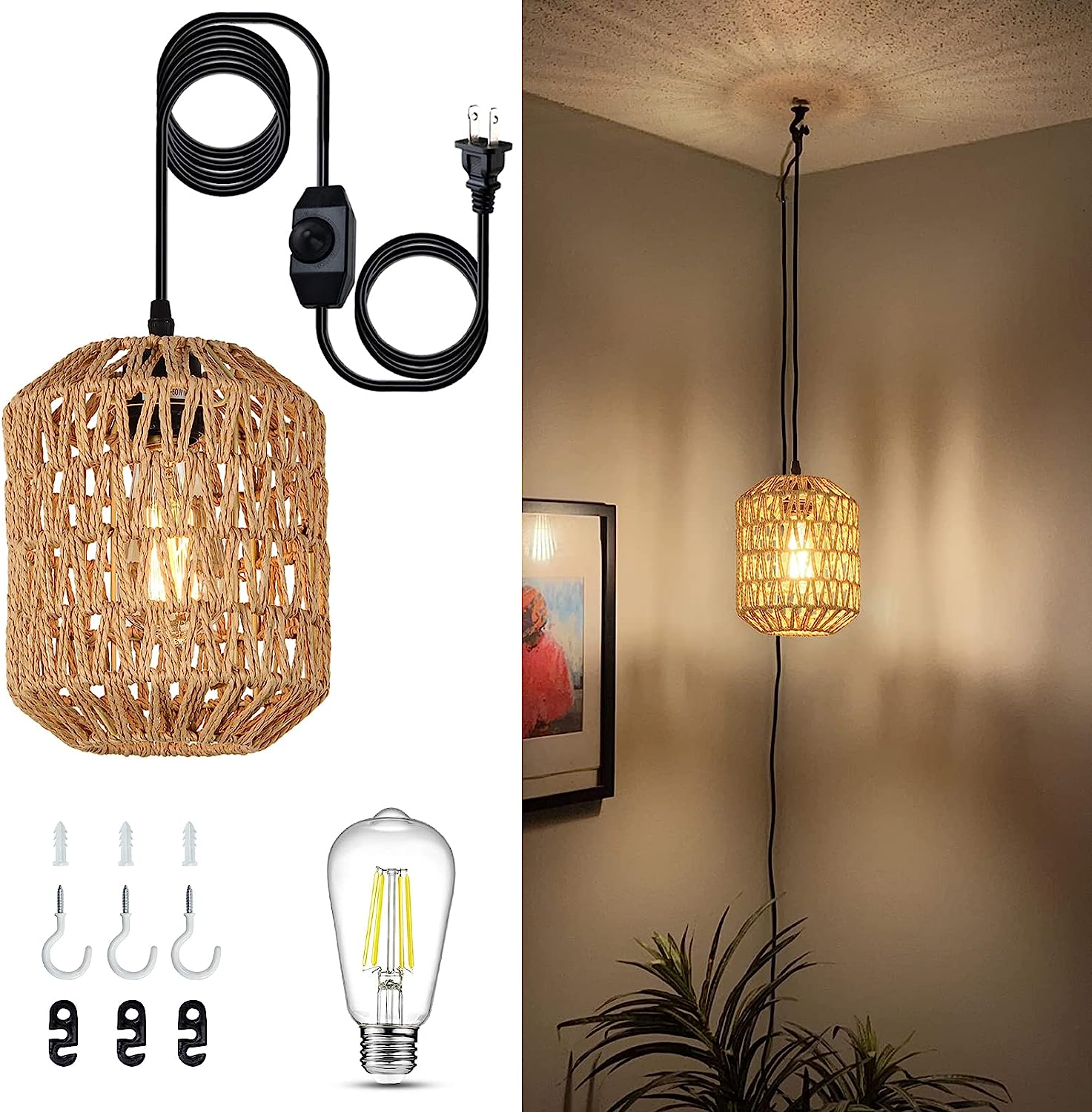 JXXRZ 16ft Plug-in Rattan Pendant Light with Dimmable LED, Boho Hanging Fixture for Bedroom/Patio