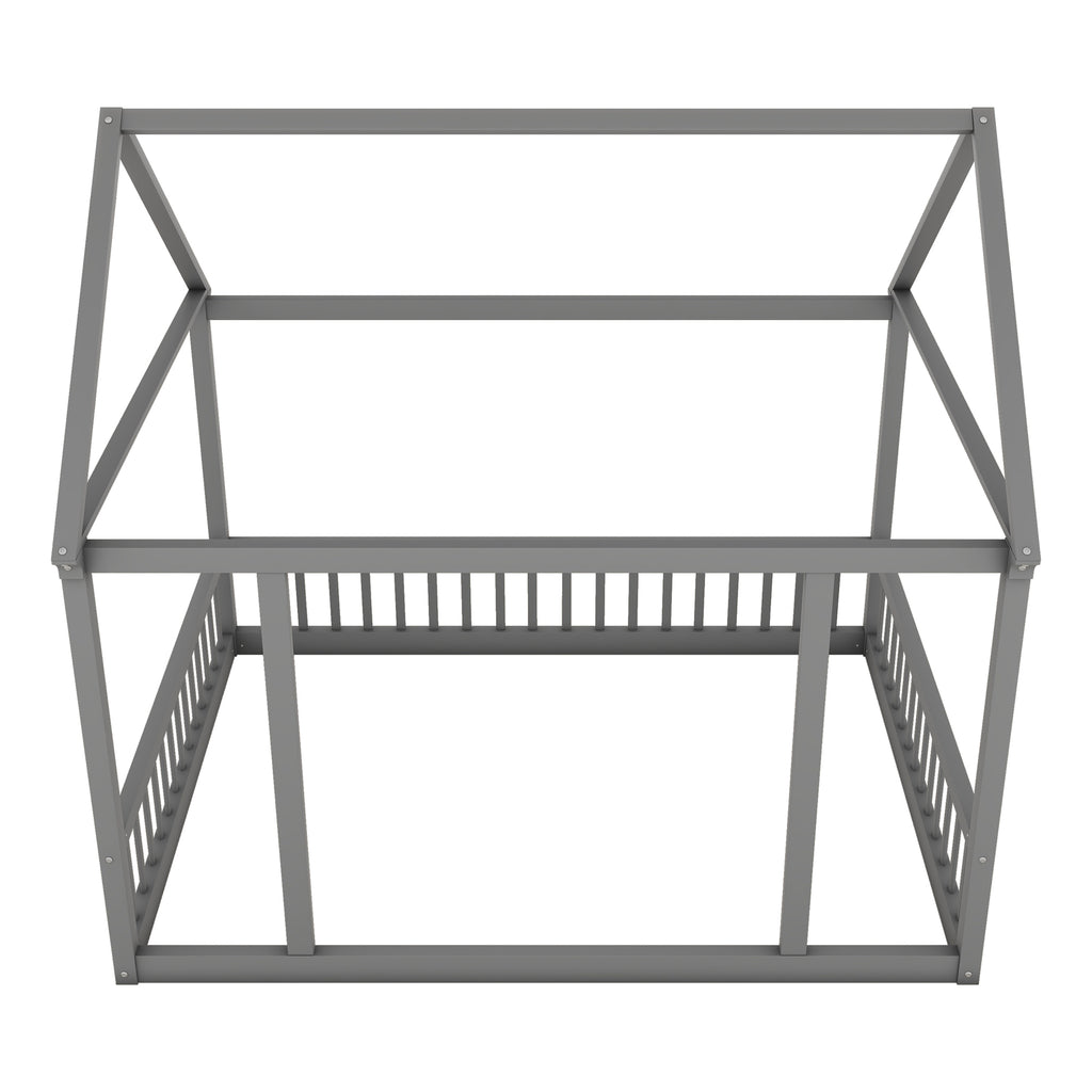 JXXRZ Twin/Full Wooden House Bed W Roof & Guardrails, Montessori Floor Bed Frame for Toddlers Kids, Grey
