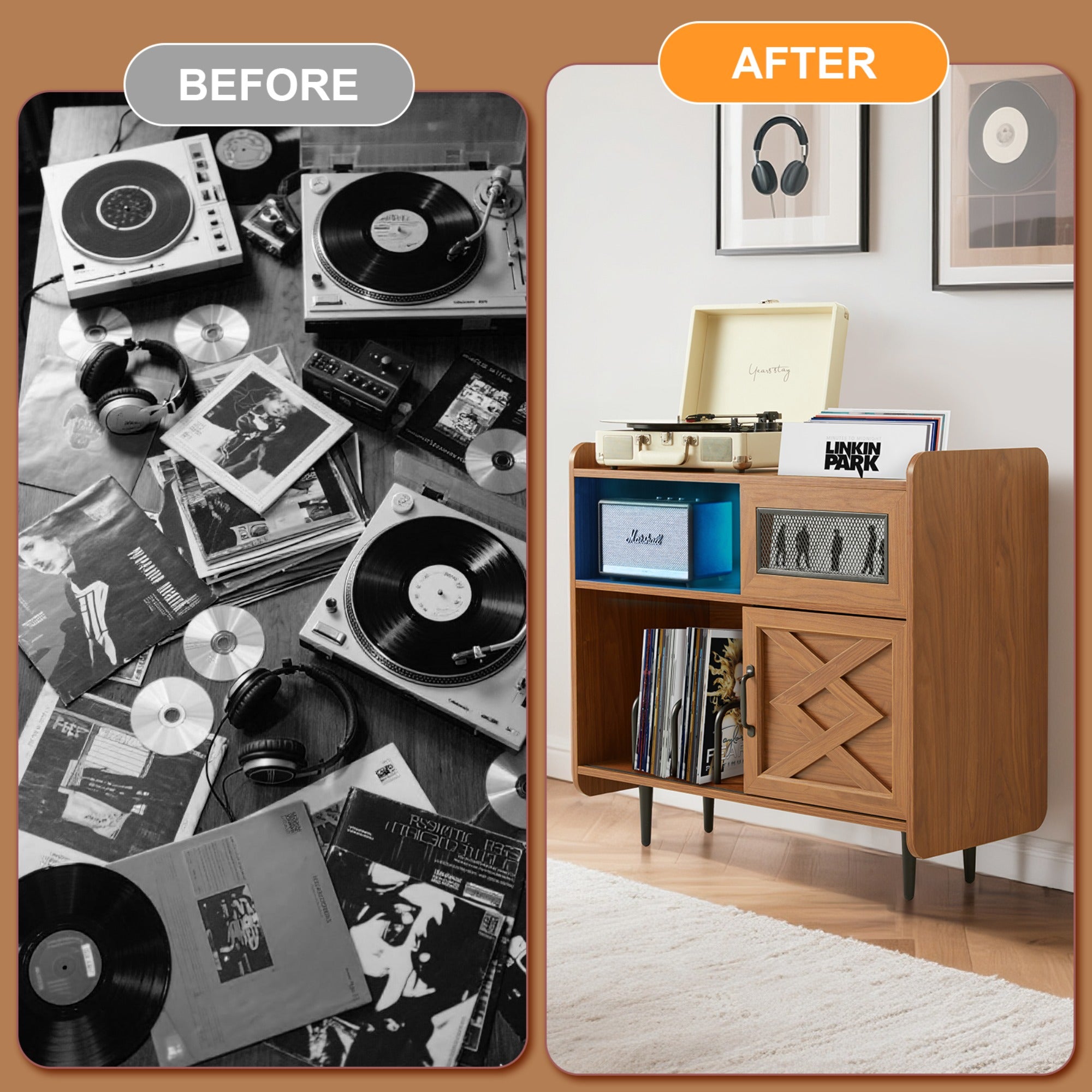 JXXRZ Record Player Stand w/ Charging Hub & RGB Lights, Holds 200+ Vinyl Albums, Media Storage Cabinet for Living Room Office