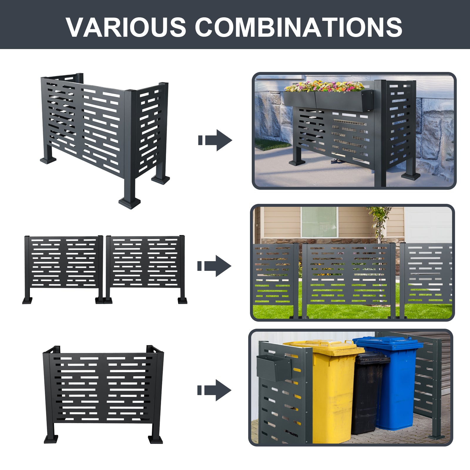 JXXRZ 4x2FT Air Conditioner Fence Metal Privacy Fence for Outdoor Units with 2 Planter Box, Charcoal Metal Screen