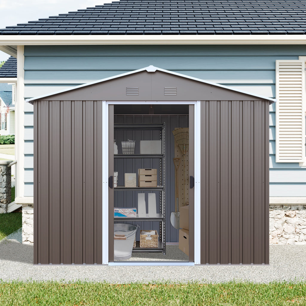 JXXRZ 8x4ft Outdoor Metal Storage Shed with Sliding Door & Foundation, Grey