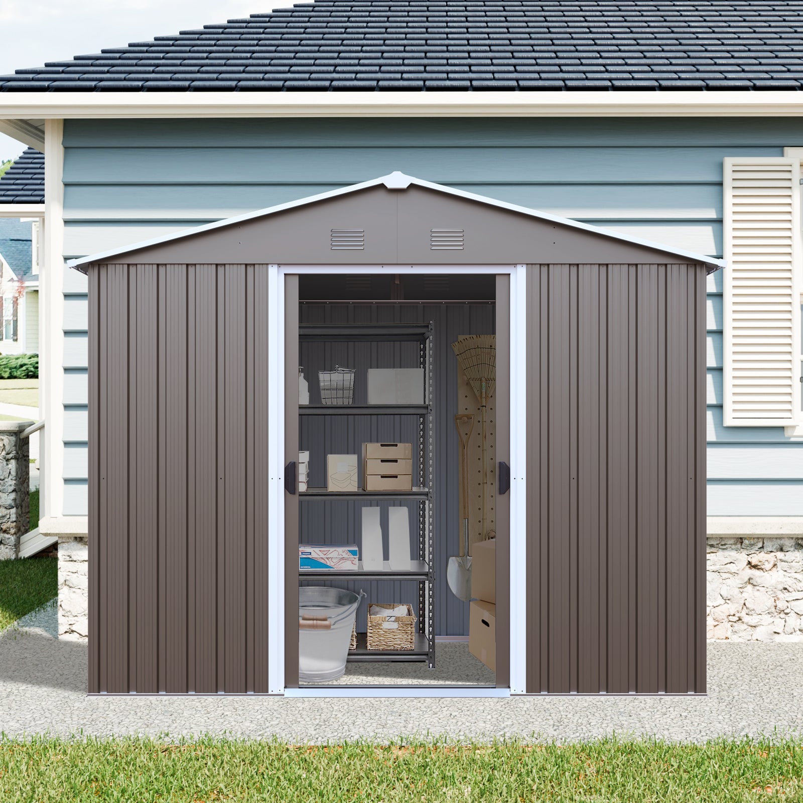 JXXRZ 8x4ft Outdoor Metal Storage Shed with Sliding Door & Foundation, Grey
