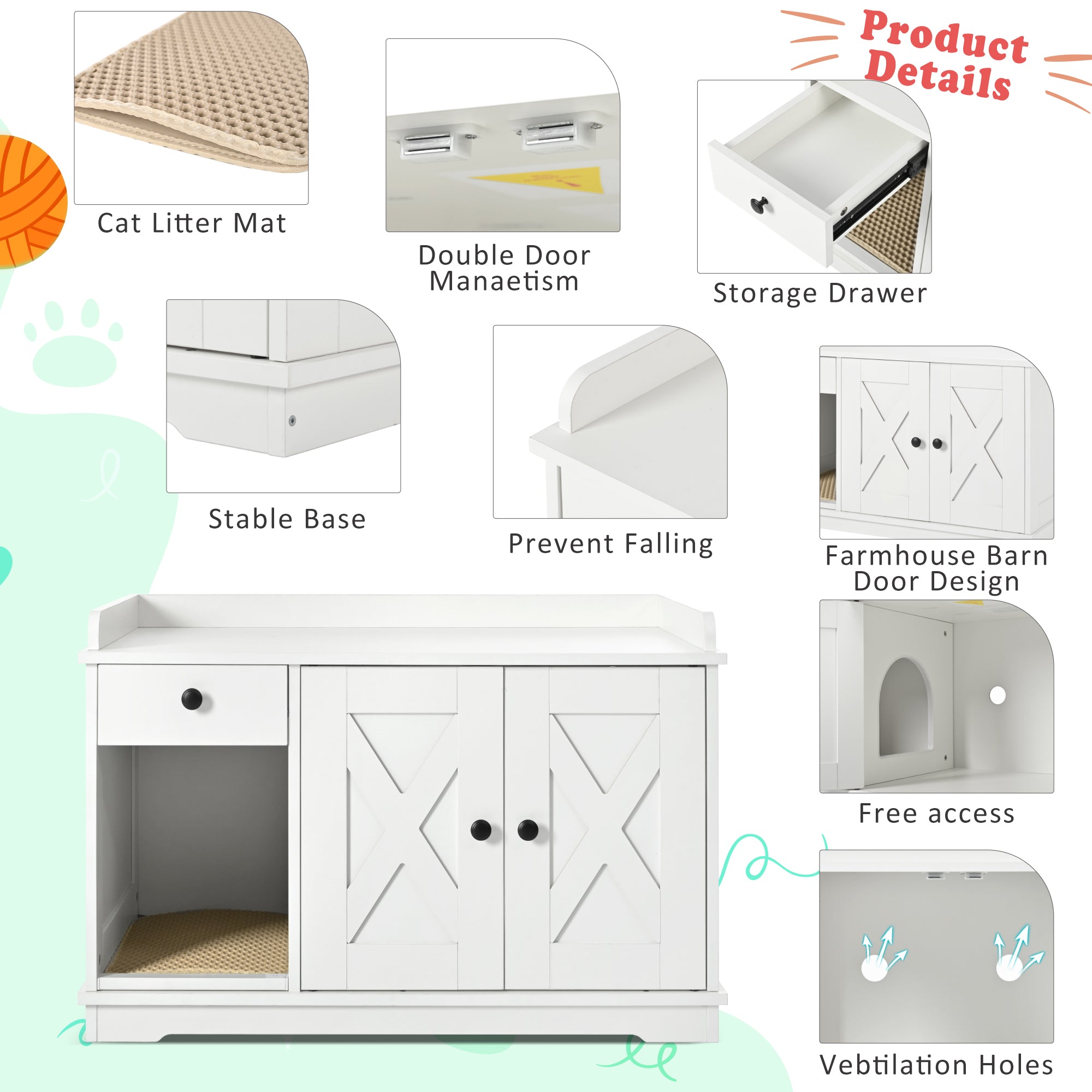 JXXRZ Farmhouse Cat Litter Box Enclosure, Hidden Litter Box Furniture with Storage Drawer, White