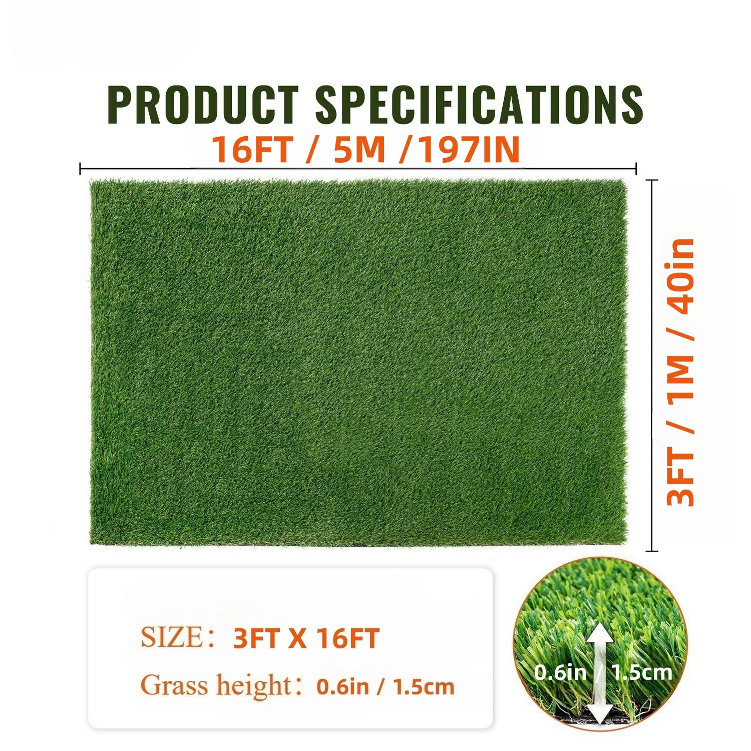 JXXRZ Artificial Grass Mat 3x16ft - Pet-Friendly Fake Turf w/Drainage Holes, Rubber Backing for Indoor/Outdoor Lawn & Patio
