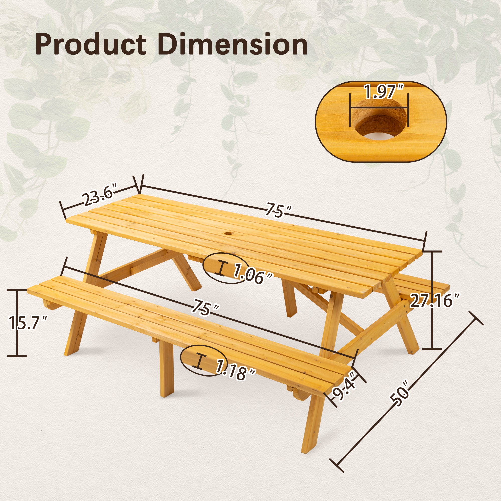 JXXRZ 8-Person Rectangular Outdoor Wooden Picnic Table w/ 2 Built-In Benches, 2220lb Capacity - Natural