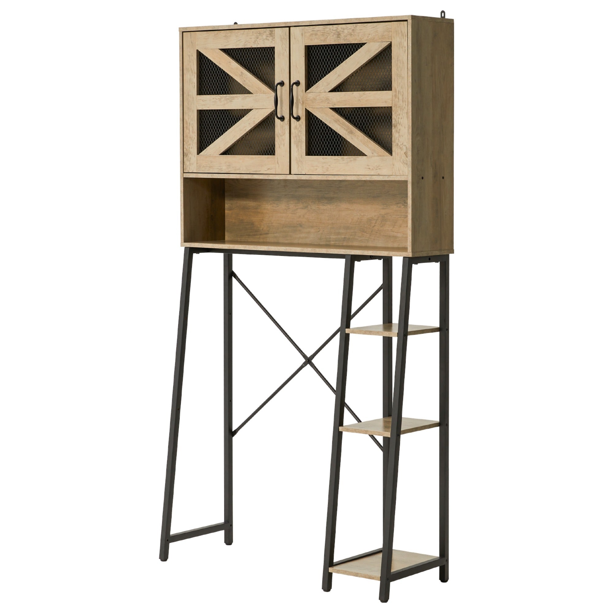 JXXRZ 61" Tall Over Toilet Storage Cabinet w/ Barn Doors, Side Shelves, Sturdy Over-Toilet Shelf Unit for Bathroom, Laundry