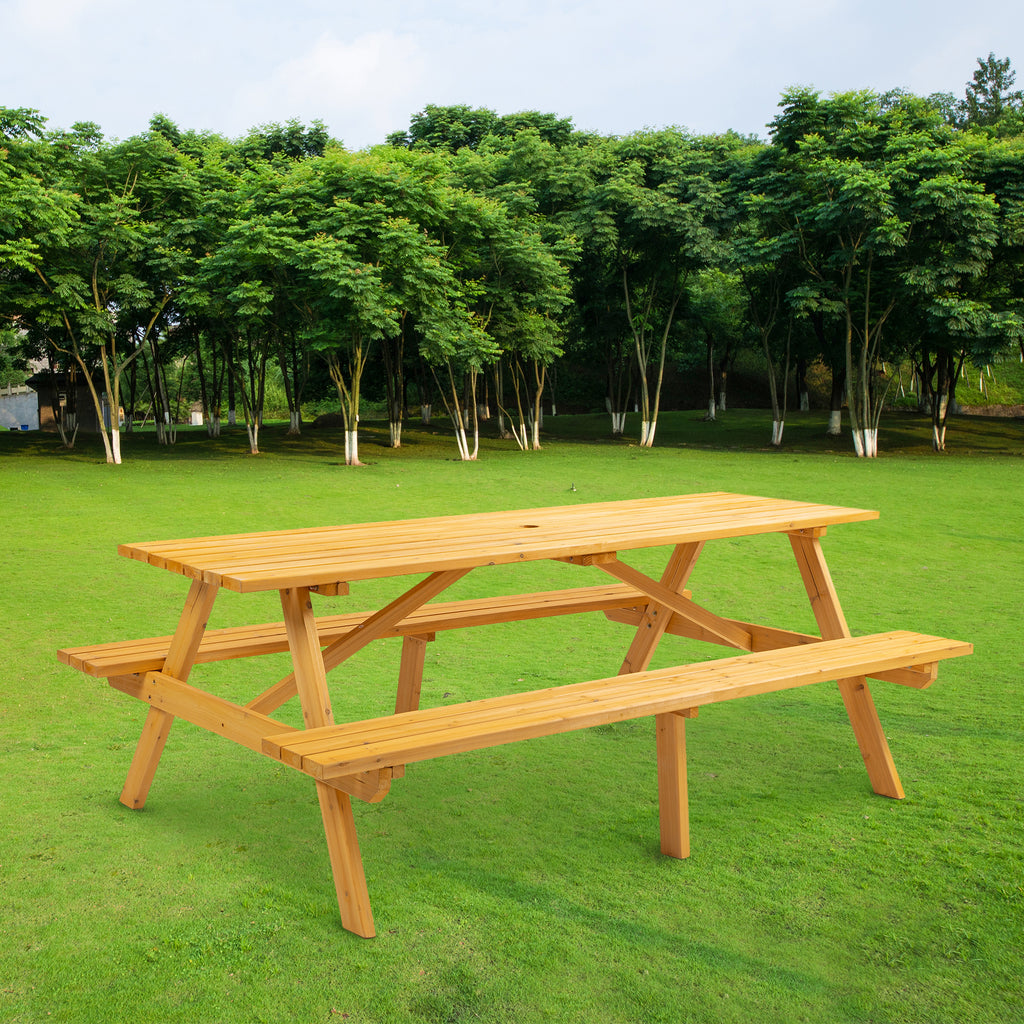 JXXRZ 8-Person Rectangular Outdoor Wooden Picnic Table w/ 2 Built-In Benches, 2220lb Capacity - Natural